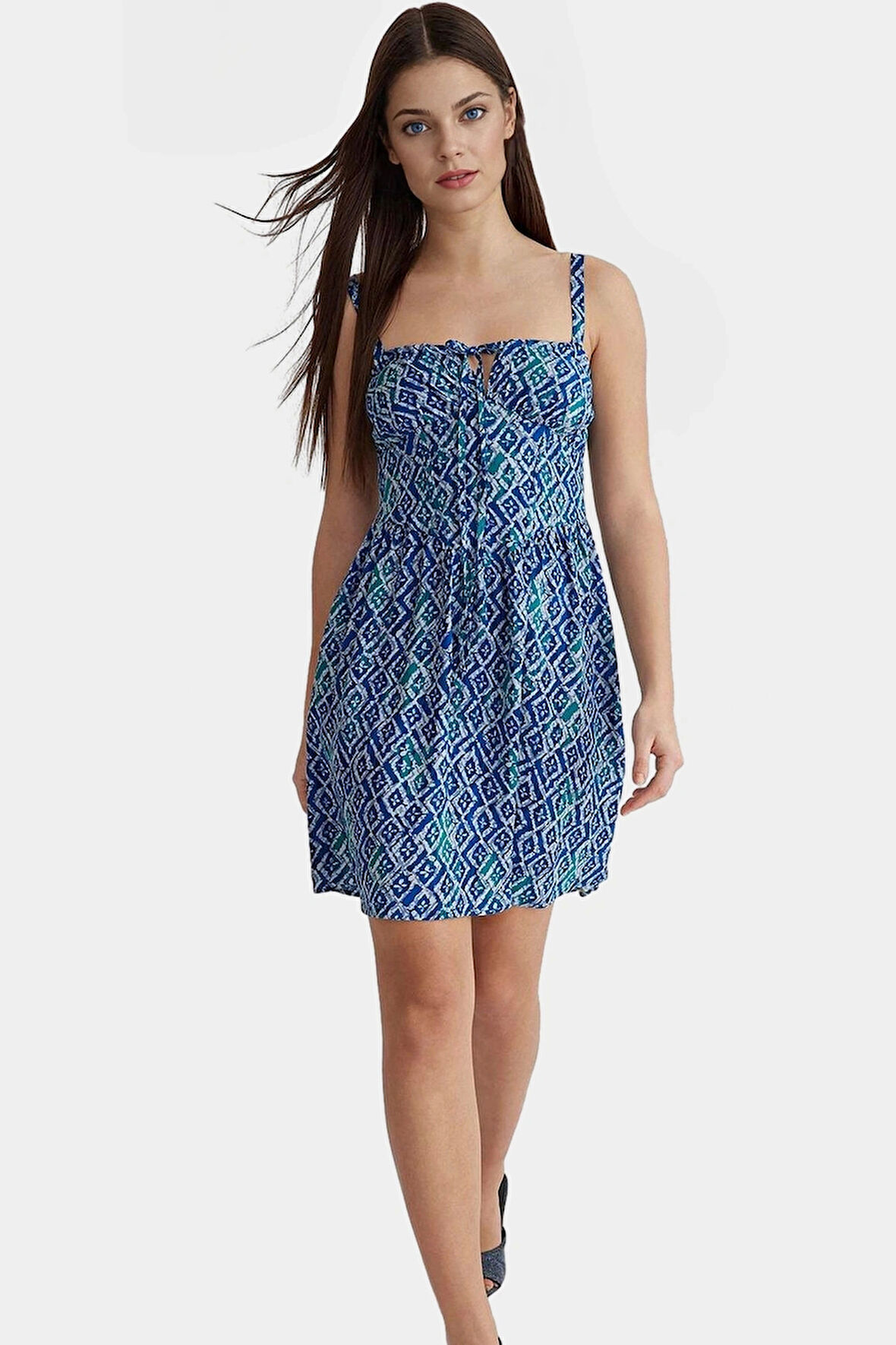 Viskoz Mini Elbise Geometrik Desenli Belden Açılan Skater Kalıp Rahat Yazlık Özel Tasarım