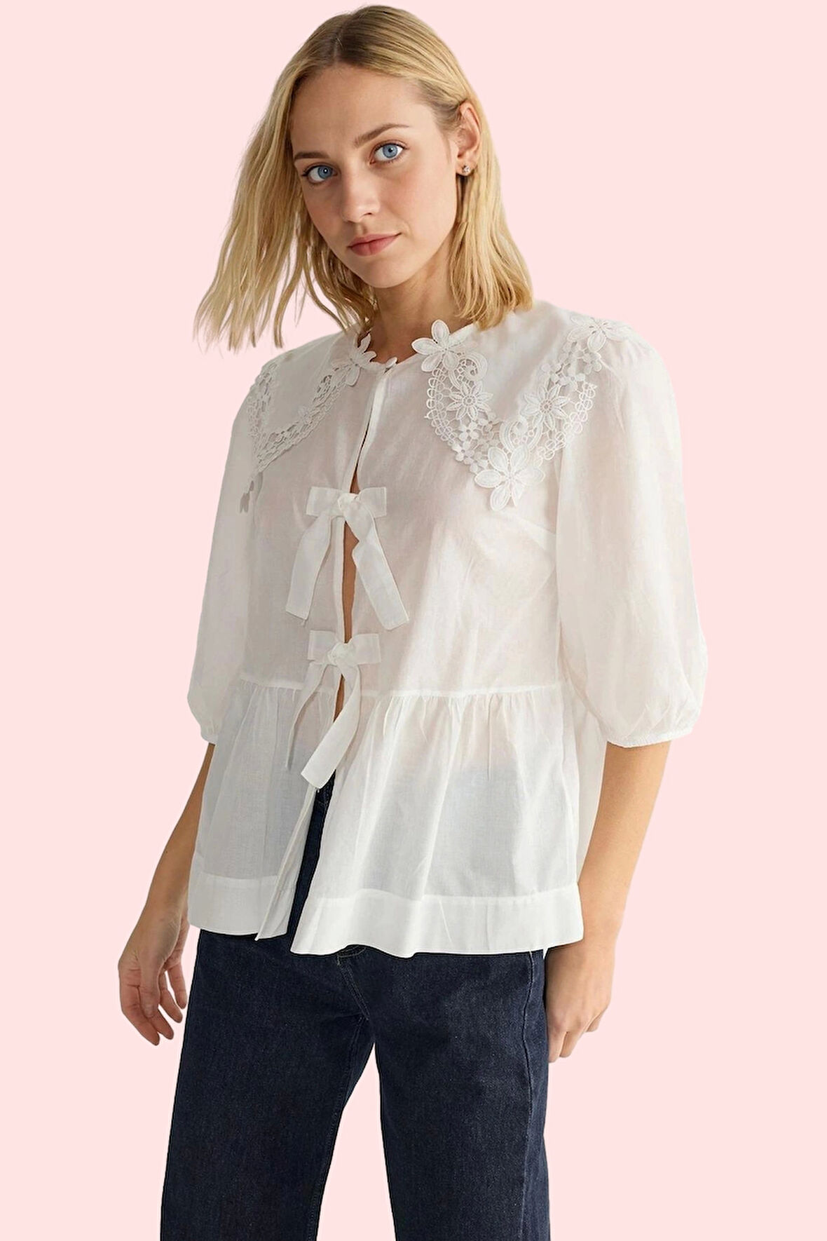 Kadın Pamuklu Yazlık Bluz Düz Desen Gömlek Yaka Truvakar Kol Günlük Kullanım İçin Hafta Sonu