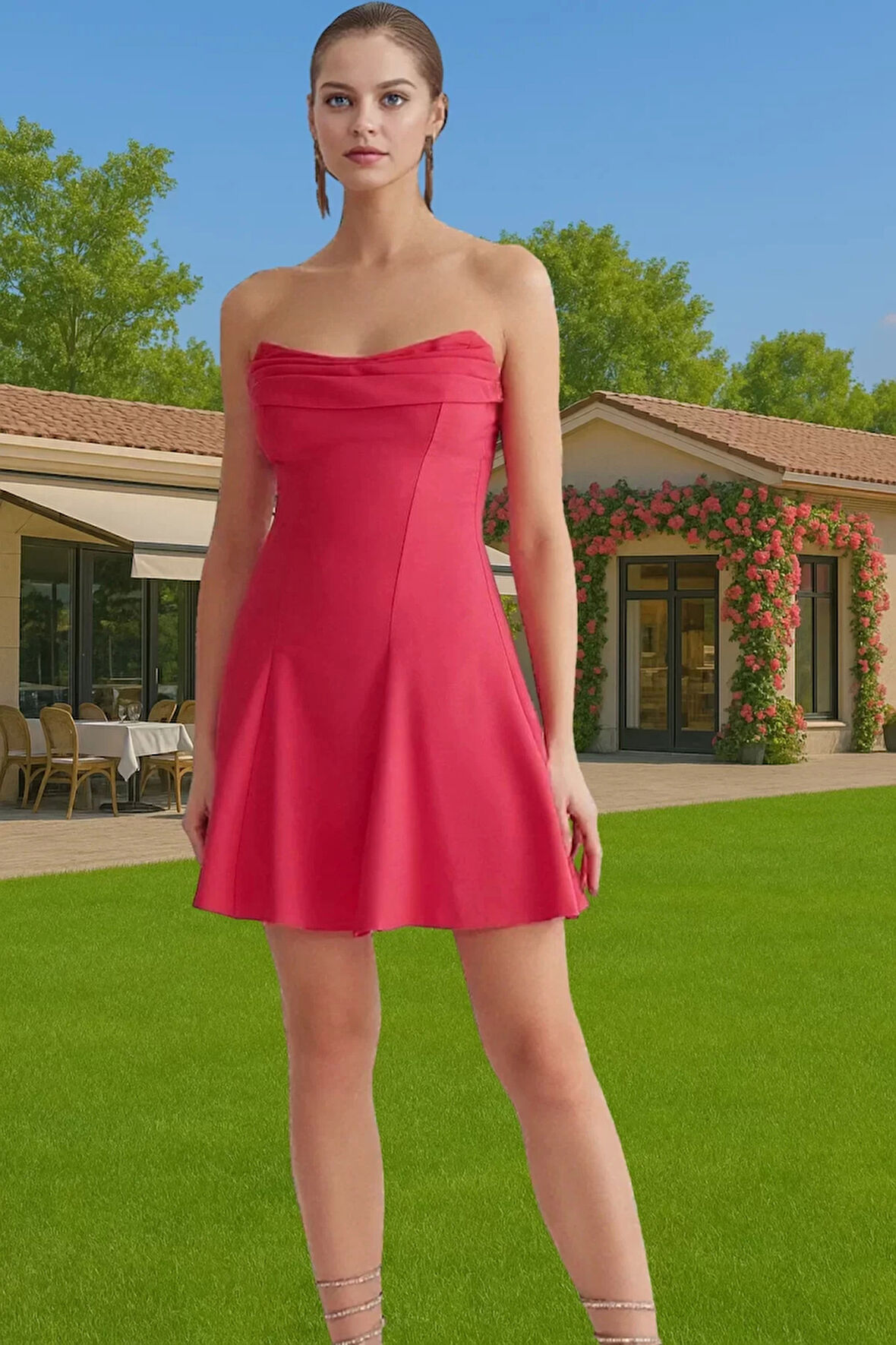 A Kesim Straplez Mini Dokuma Abiye Elbise Polyester Yazlık Kaliteli İşçilik Konforlu Kesim