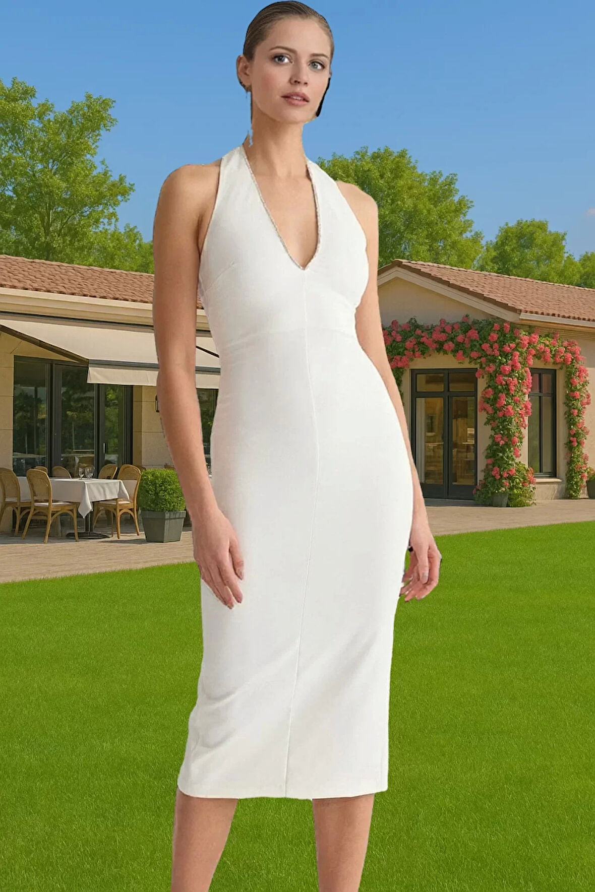 Şık Halter Yaka Bodycon Elbise Taş Detaylı Finike Dokuma Kaliteli İşçilik Kaliteli İşçilik