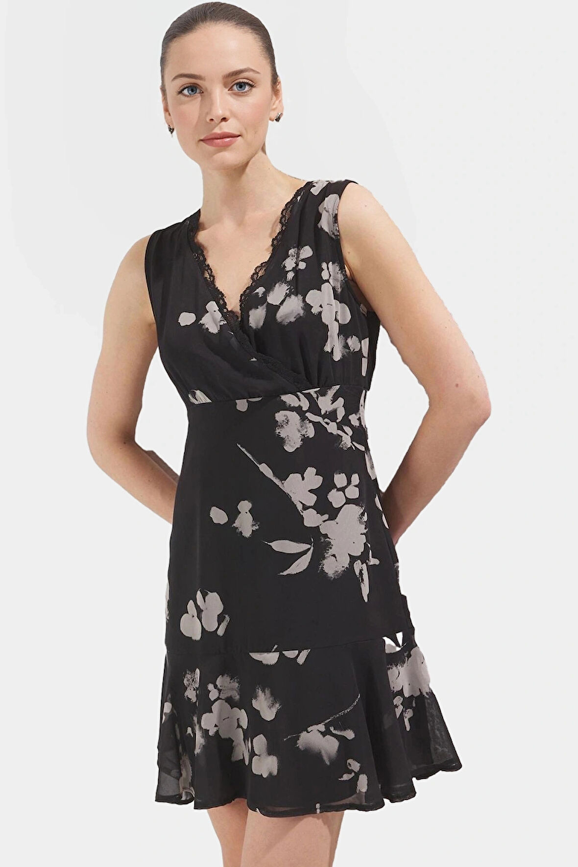 A line Şifon Mini Elbise Çiçek Desenli  Polyester Profesyonel Görünüm Seçkin Malzeme