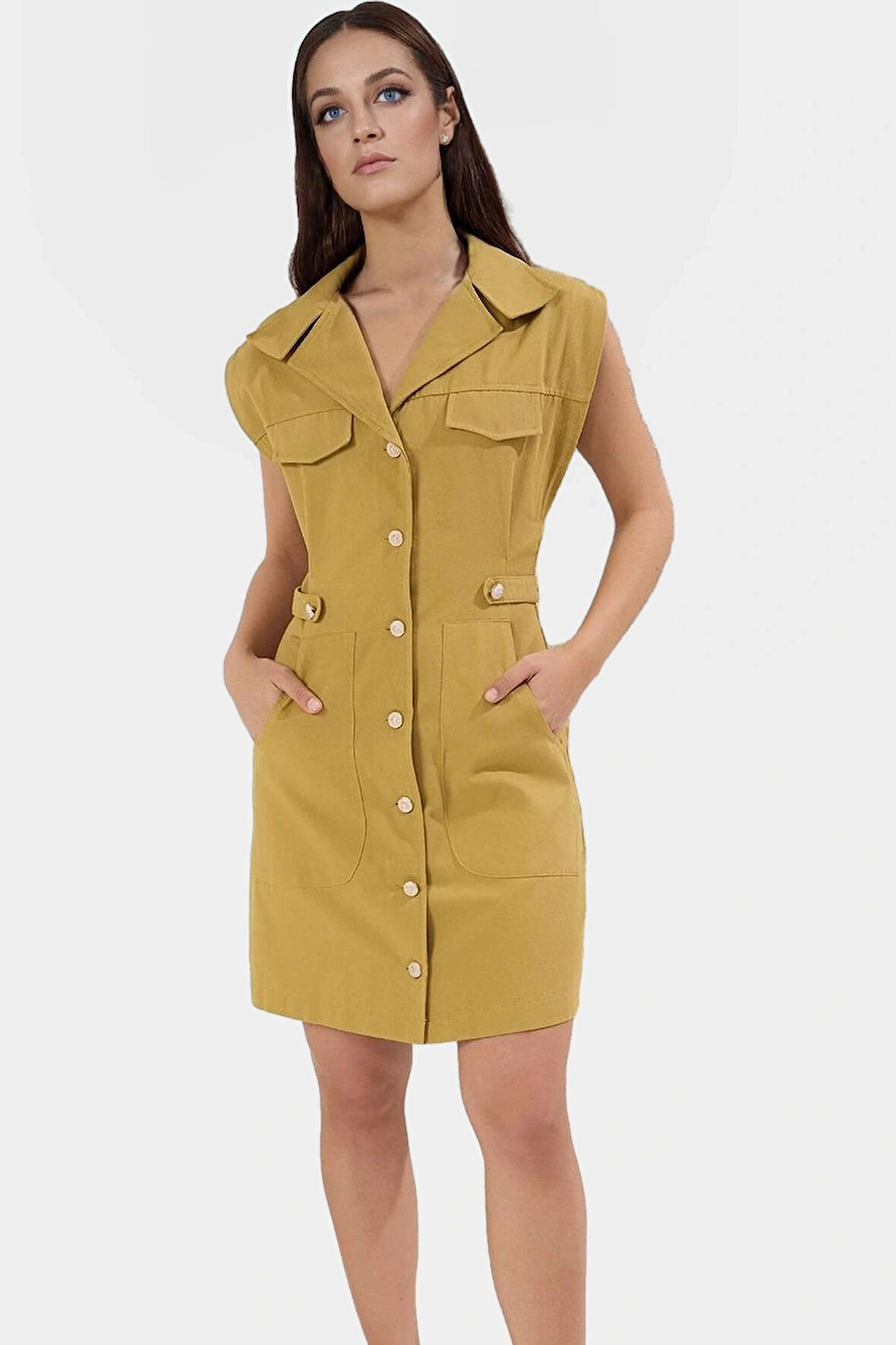 Dokuma Gabardin Mini Elbise Kisa Kol Düğmeli %Pamuk Yazlık Dayanıklı Malzeme