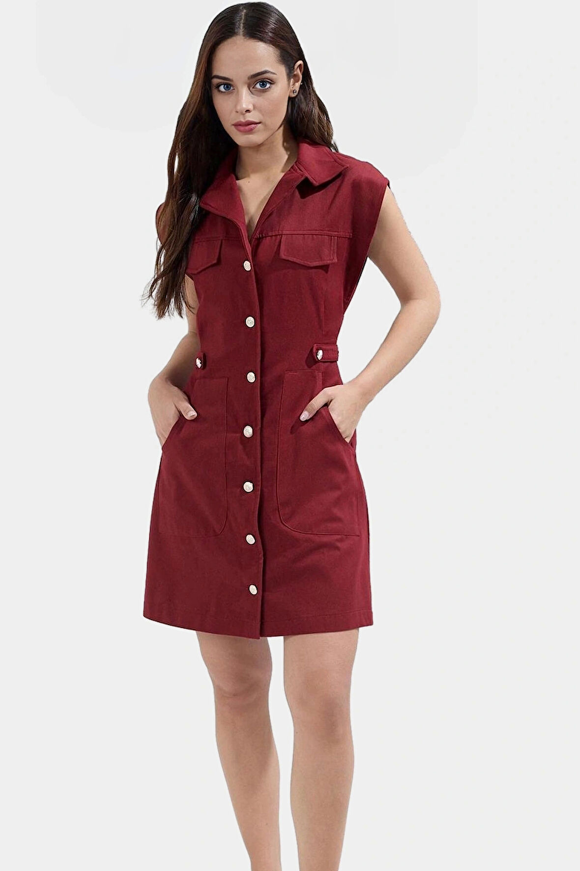 Dokuma Gabardin Mini Elbise Kisa Kol Düğmeli %Pamuk Yazlık Dayanıklı Malzeme