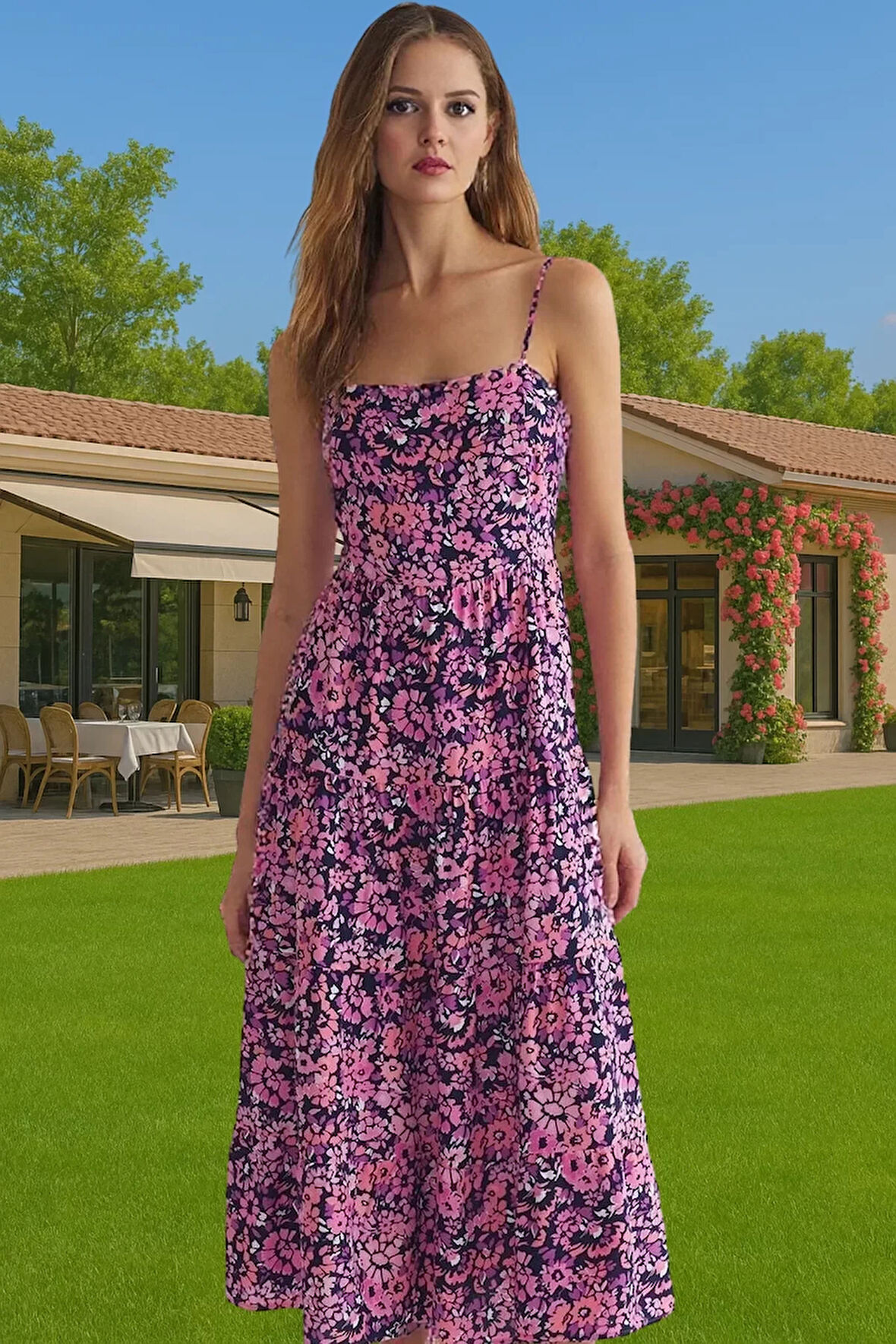 Nefes Alabilir Viskoz A Kesim Midi Elbise Çiçek Desenli Yazlık Günlük Kullanım İçin Premium Kalite