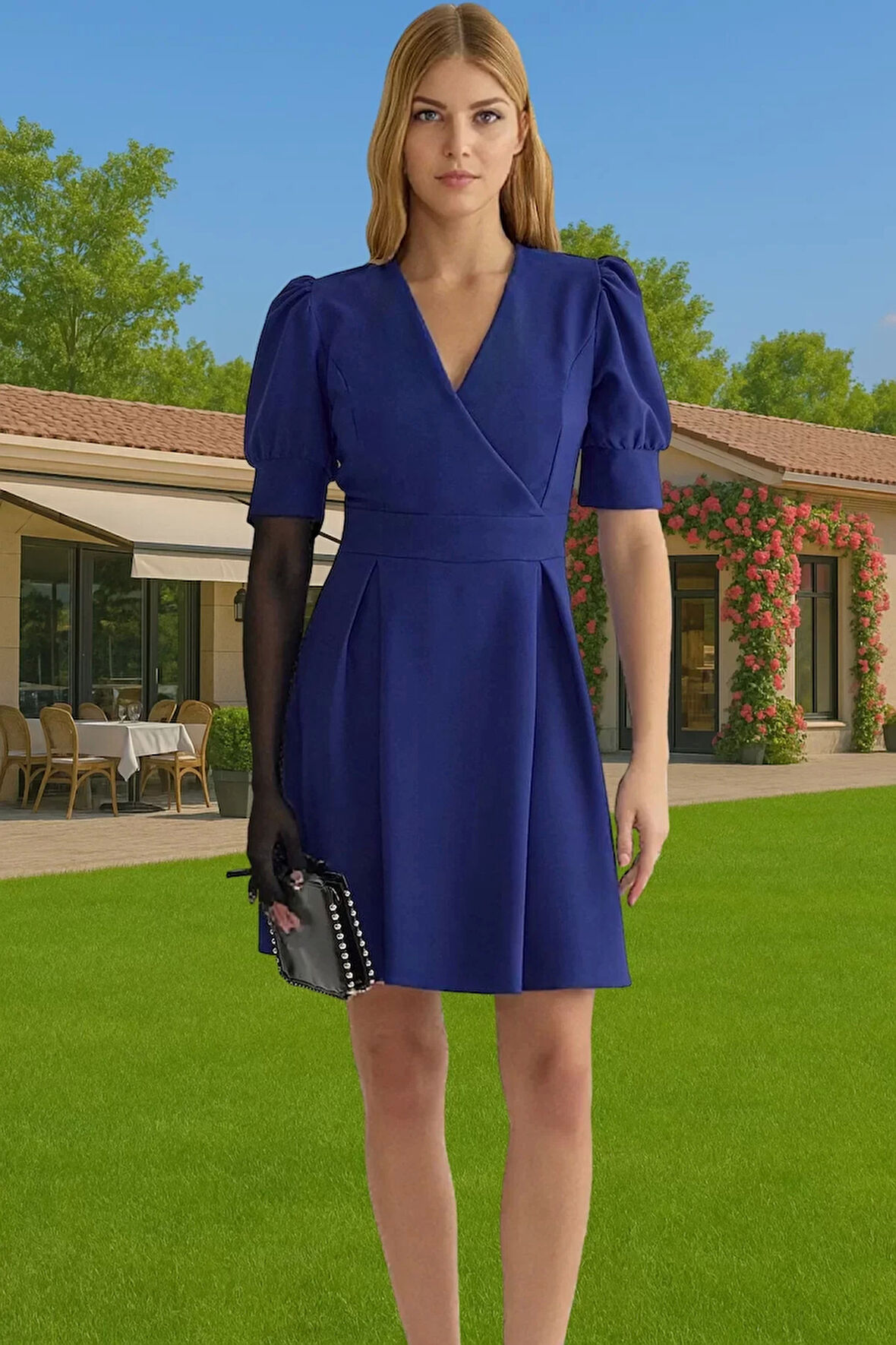 Kadın Mini Dokuma Elbise V Yaka Balon Kol Finike Dokuma Modern Stil Seçkin Malzeme Modern Stil