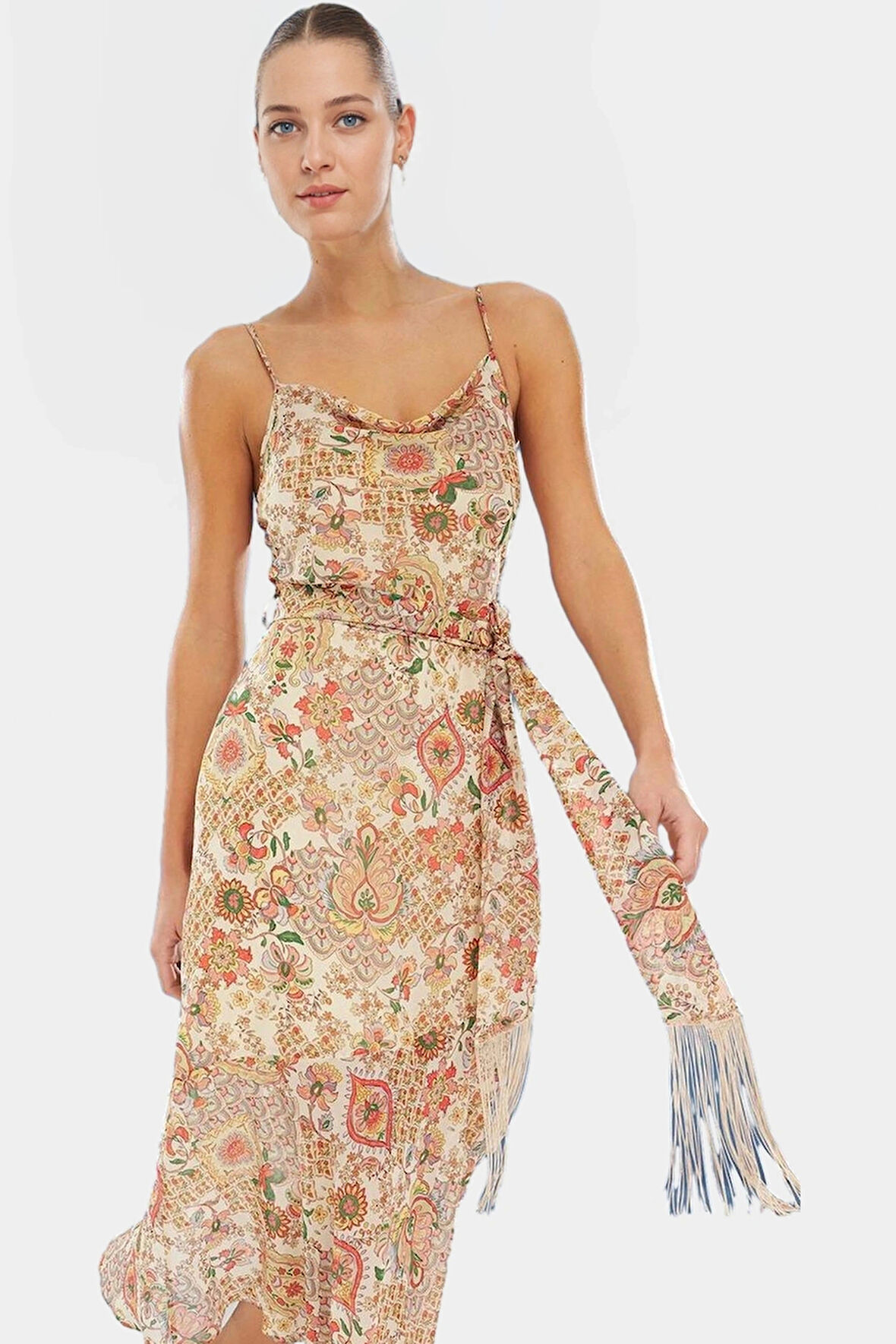 A line Maxi Elbise Şifon Kumaş Etnik Desen Kolsuz Kuşaklı Günlük Kullanım İçin