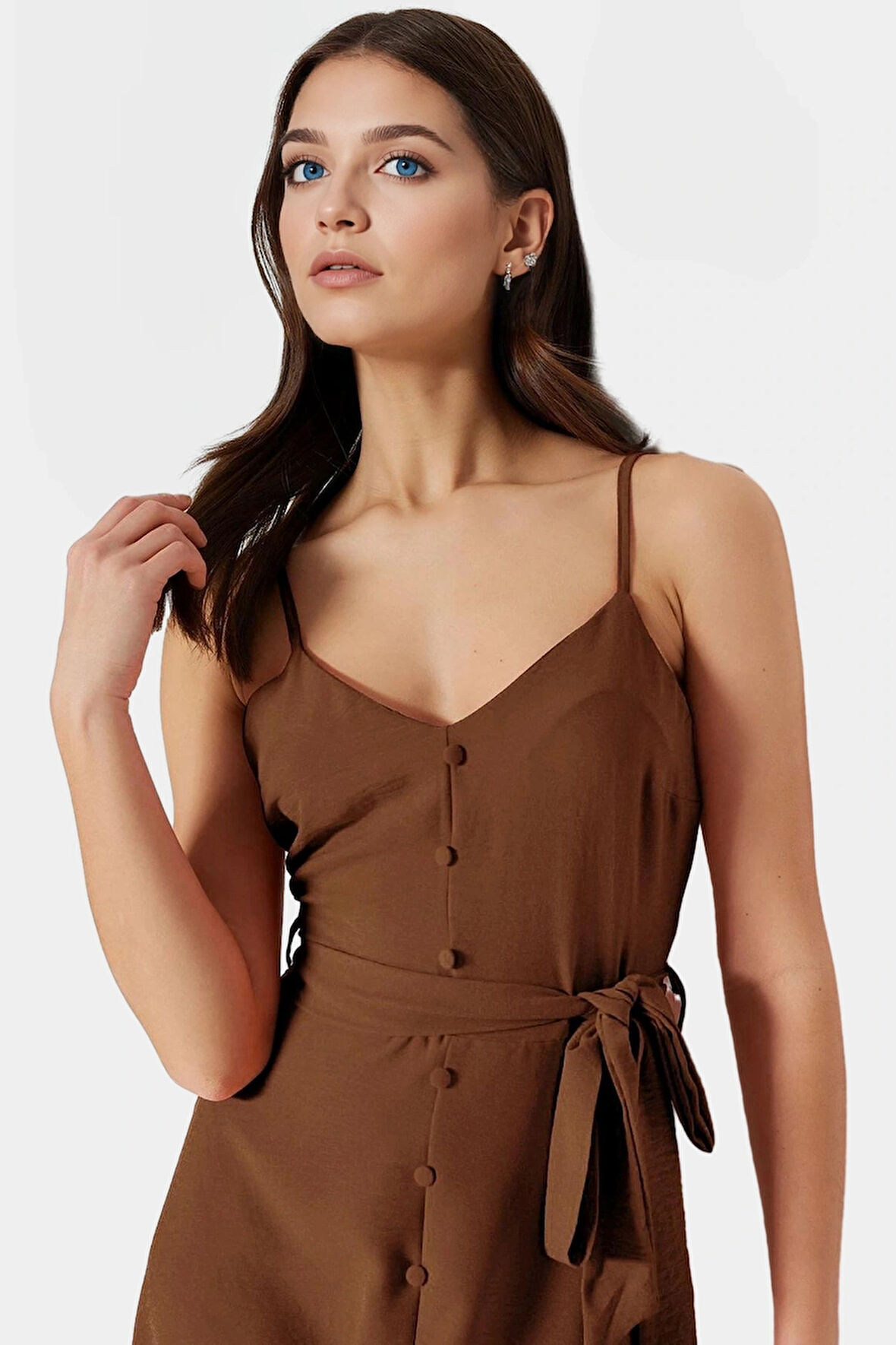 Yazlık A Line Kolsuz Maxi Elbise Aerobin Dokuma Kuşak Detayı Polyester Kumaş Trend Tasarım