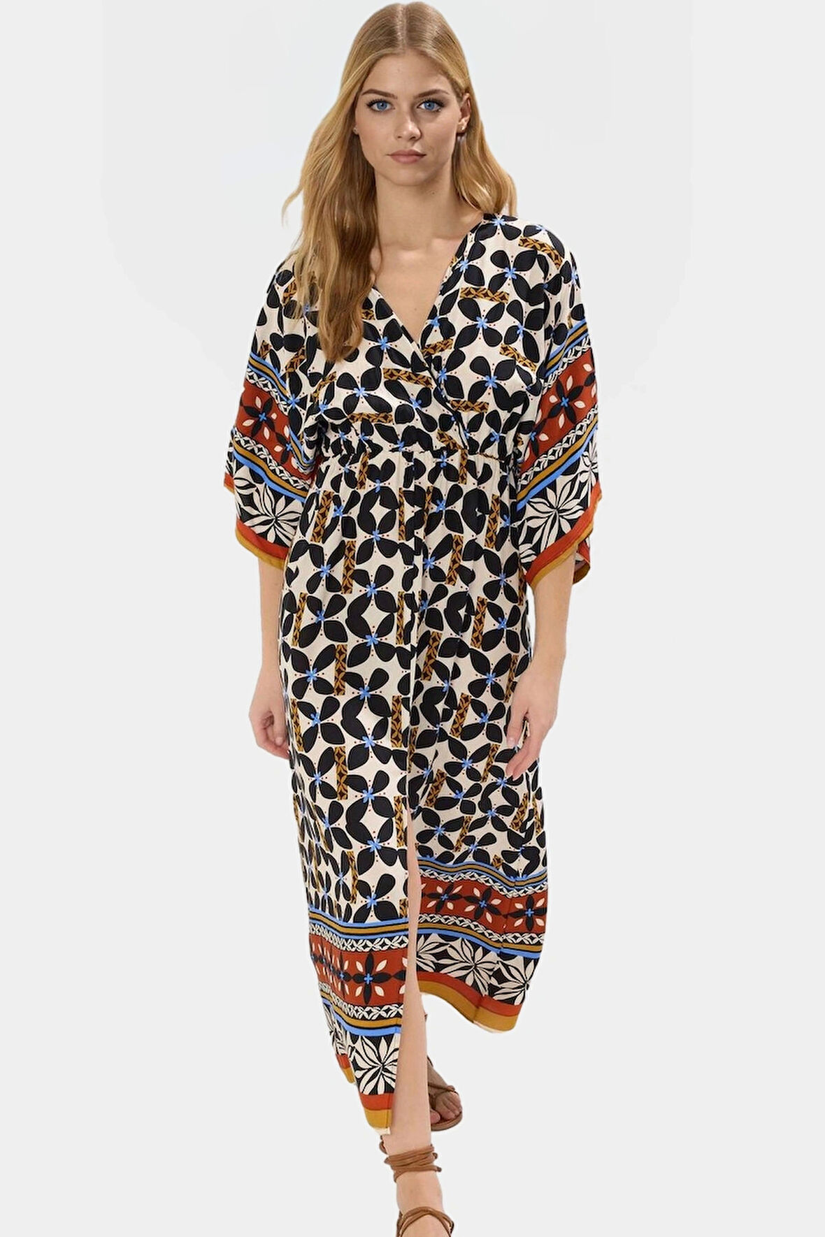 A Kesim Midi Elbise Etnik Desenli Viskoz Dokuma Truvakar Kollu Yazlık Zarifane Tasarım