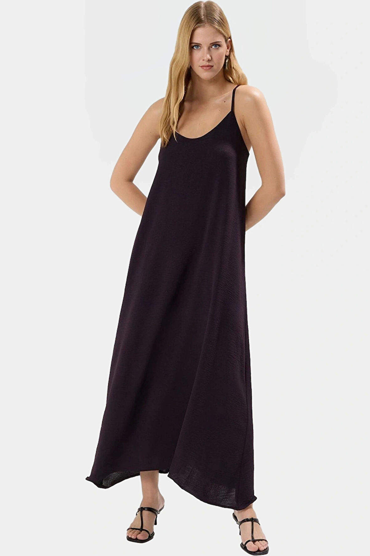 Şık V Yaka Kolsuz Maxi Elbise 130cm Boy Polyester Dokuma Rahat Seçkin Malzeme