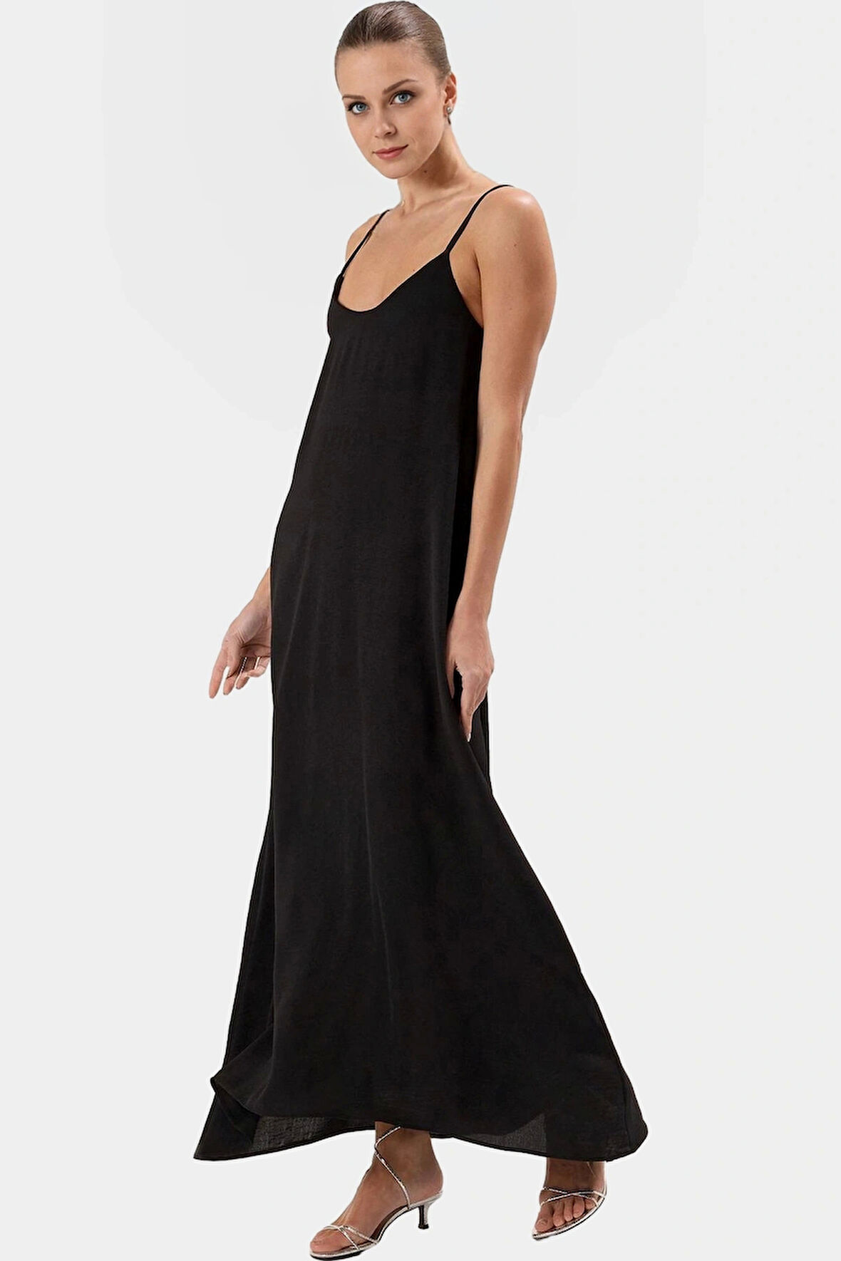 Şık V Yaka Kolsuz Maxi Elbise 130cm Boy Polyester Dokuma Rahat Seçkin Malzeme