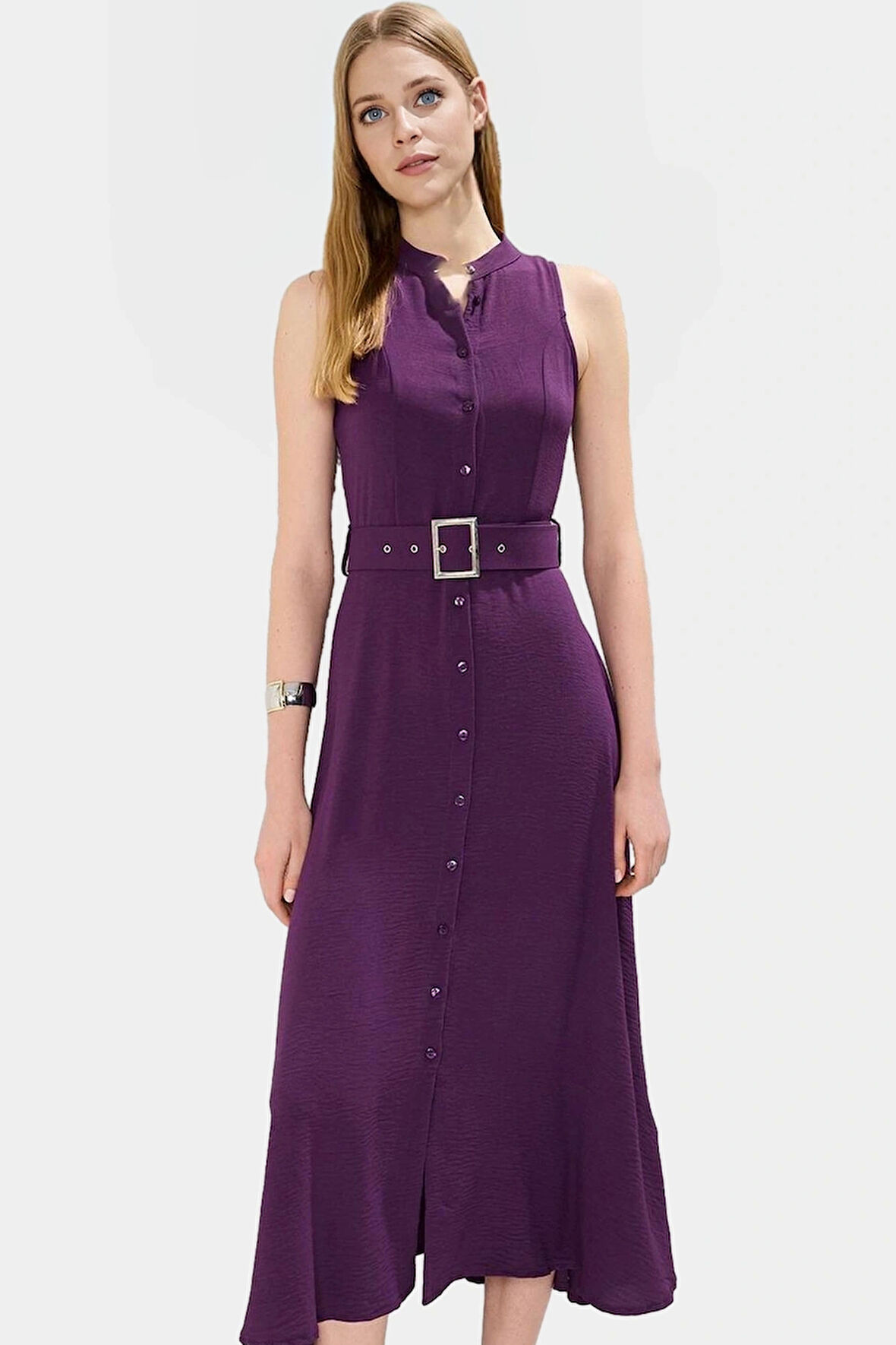 Yazlık Şık Kemerli Maxi Elbise Rahat Dokuma Polyester Kumaş Görünüm Profesyonel