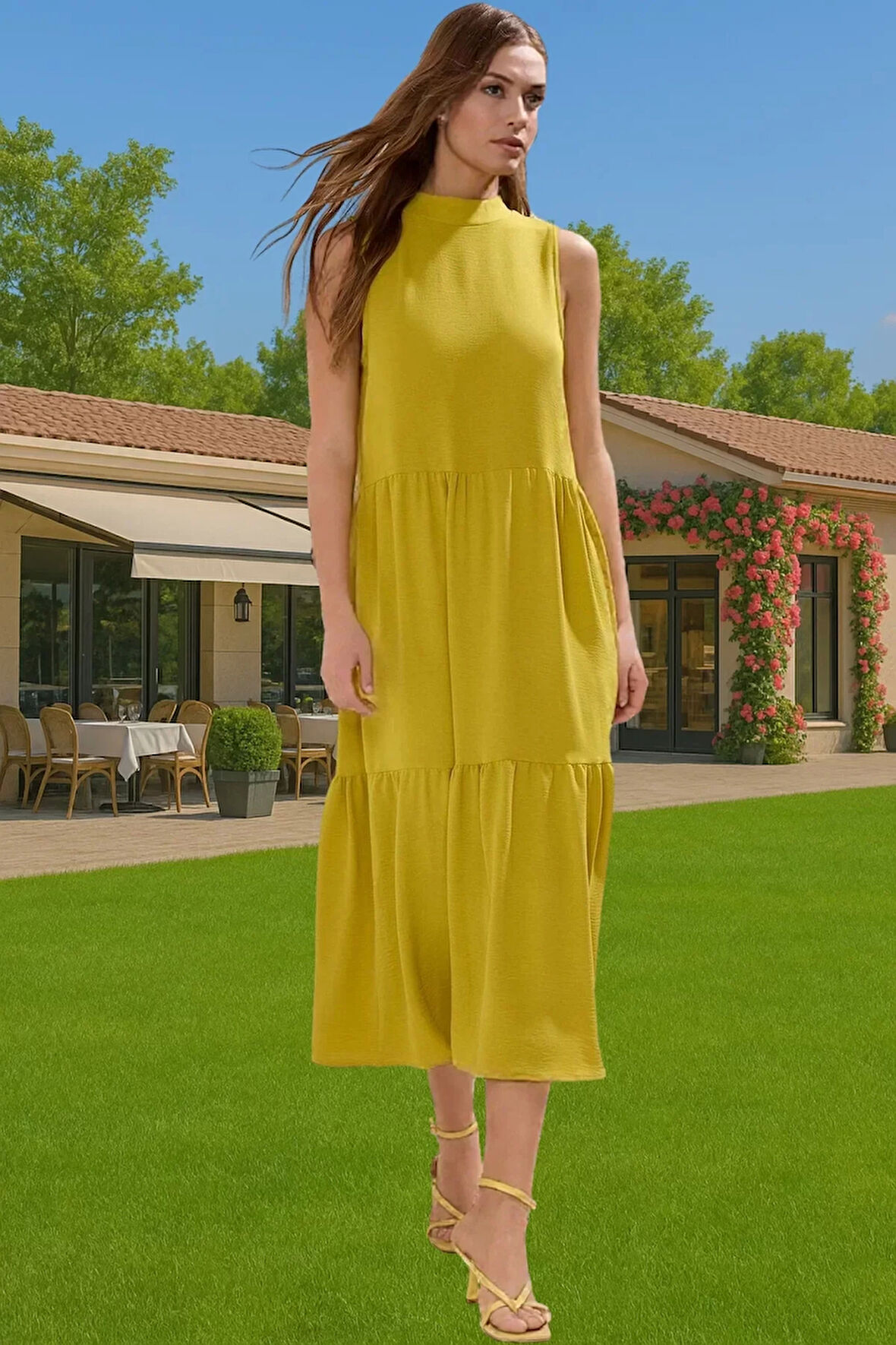 Kadın Şık Düz Kesim Kolsuz Midi Elbise Polyester Kumaş Nefes Alabilir Şık Görünüm Kaliteli İşçilik