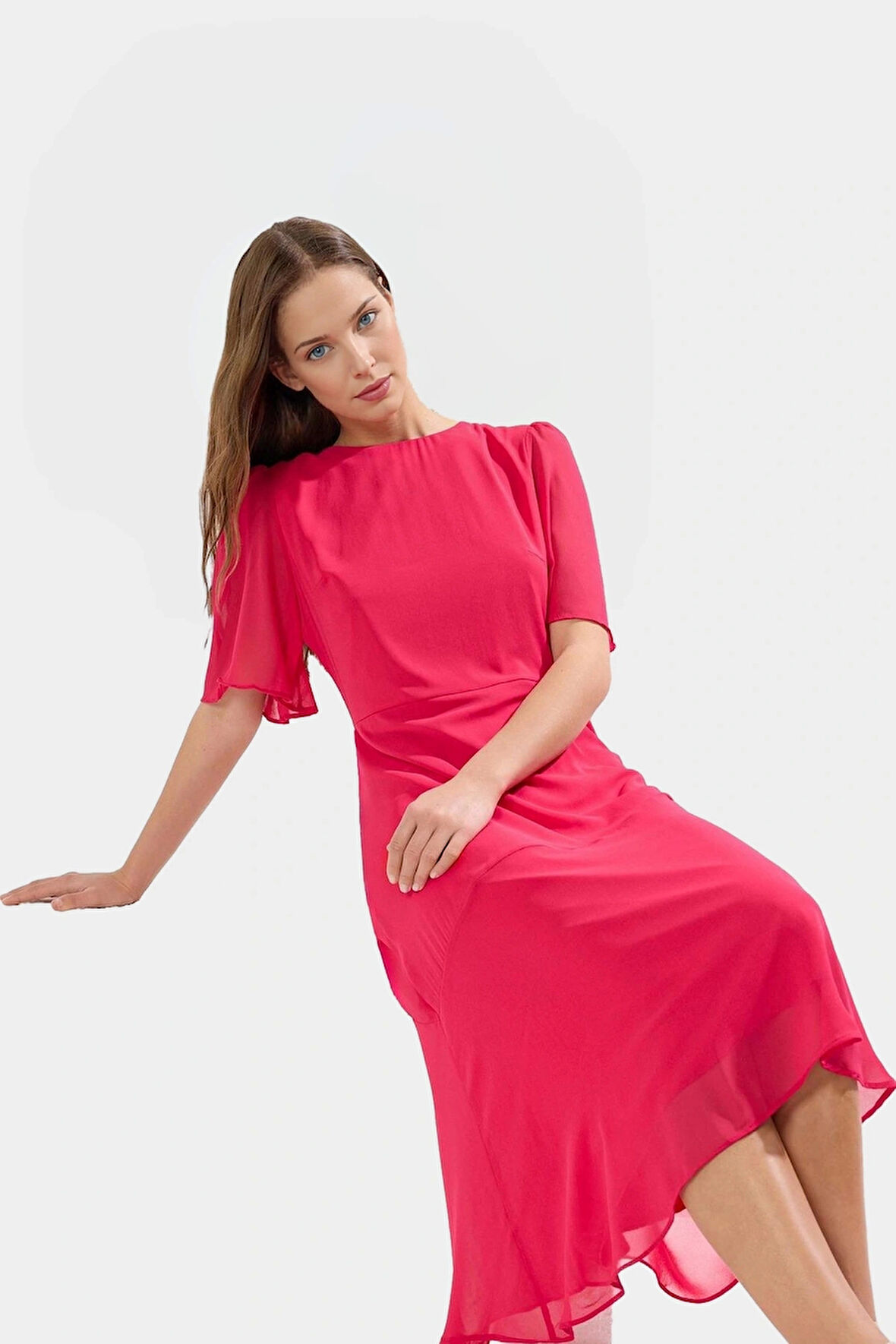 Astarlı Şifon Elbise Dokuma Kumaş Midi Boy Melek Kol Premium Kalite Mükemmel Uyum Uzun Ömürlü