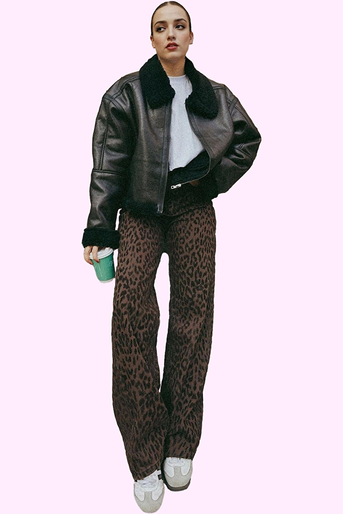 Kadın Leopar Desenli Pamuk Jean Pantolon Yüksek Bel Wide Leg Casual Tarz Dayanıklı Malzeme