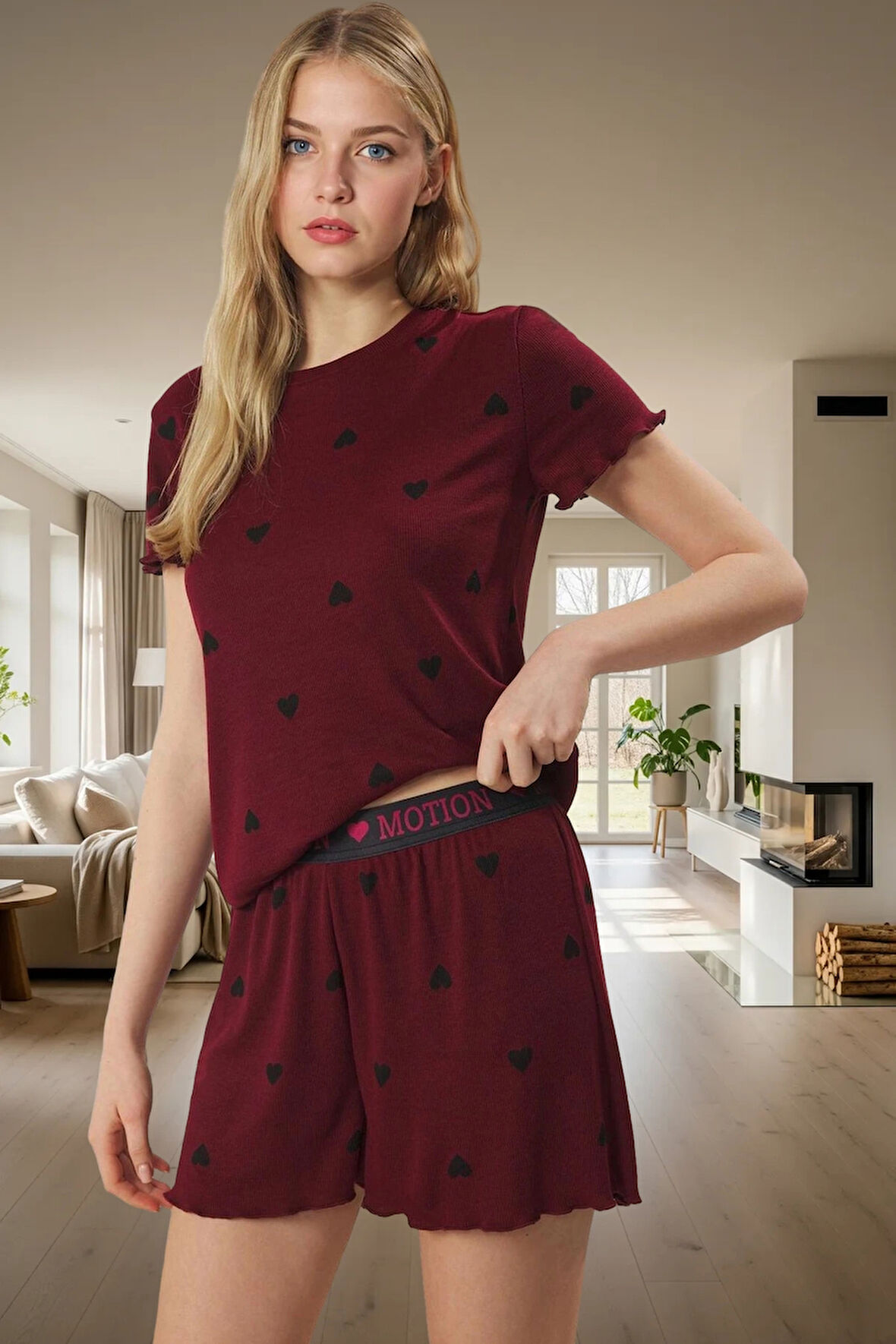 Rahat Yazlık Pijama Takımı Kalpli Desen Örme Kumaş Lastikli Şort Yüksek Kalite Mükemmel Uyum