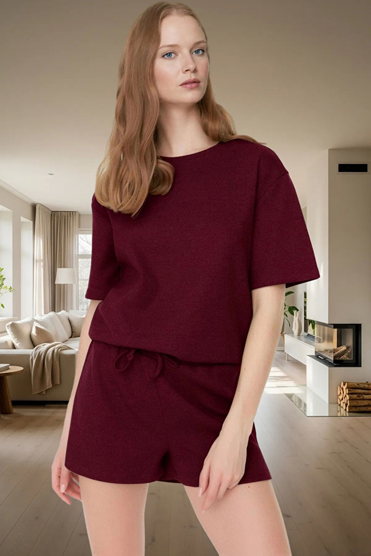 Yazlık Pijama Takımı Waffle Kumaş Örme Rahat Kalıp 2'li Mükemmel Uyum Konforlu Kesim