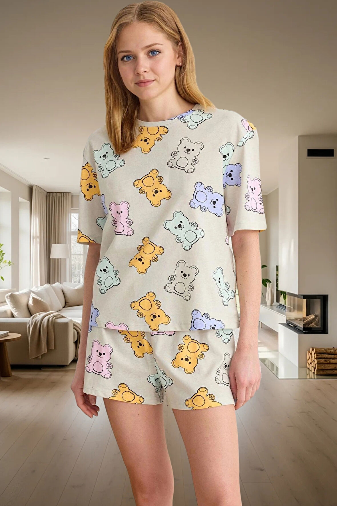 Yazlık Ayıcıklı Pijama Takımı %100 Pamuk Regular Kalıp Seçkin Malzeme Günlük Kullanım İçin