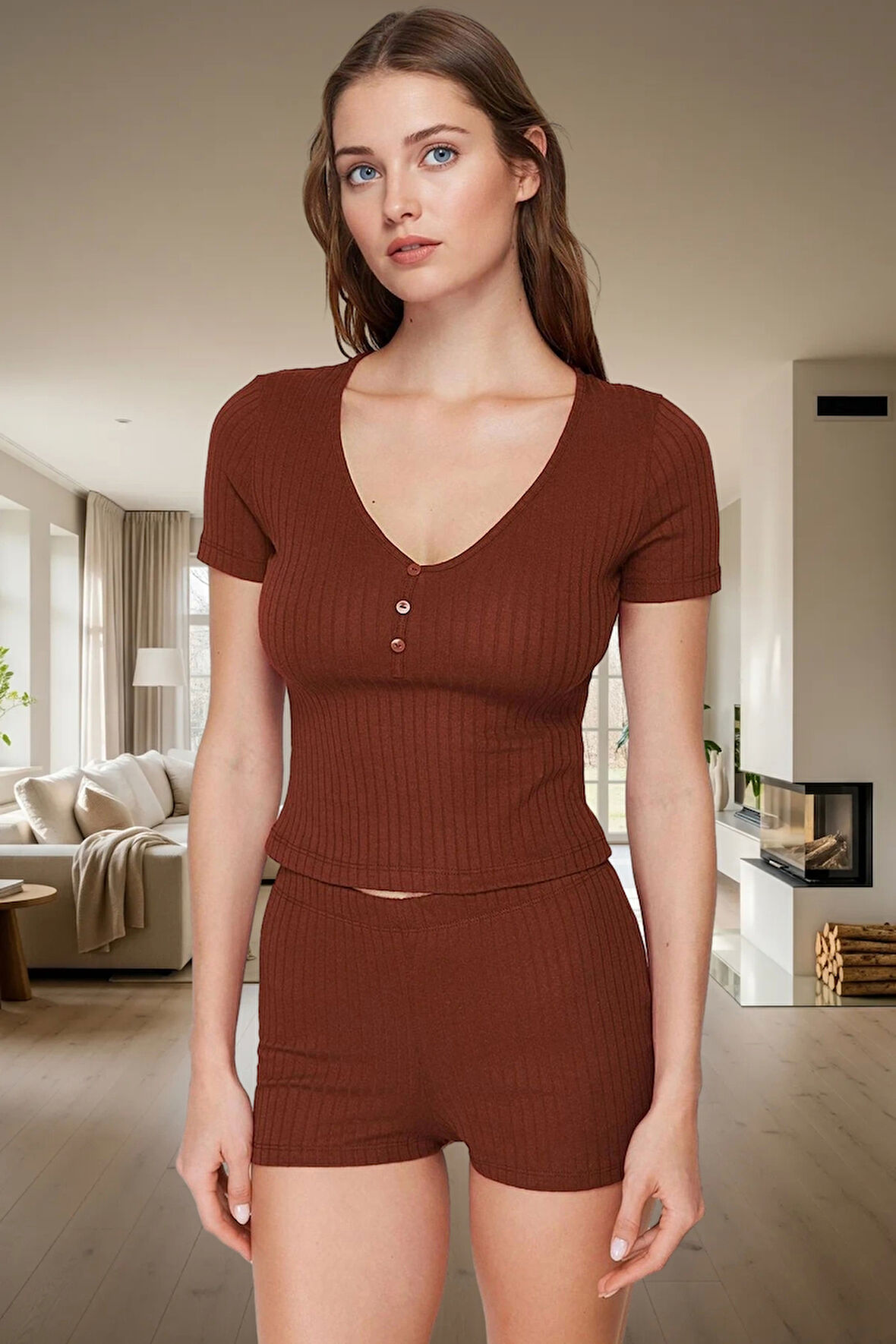 2'li Pijama Takımı Nefes Alan Pamuk Polyester V Yaka Regular Fit Yazlık Mükemmel Uyum