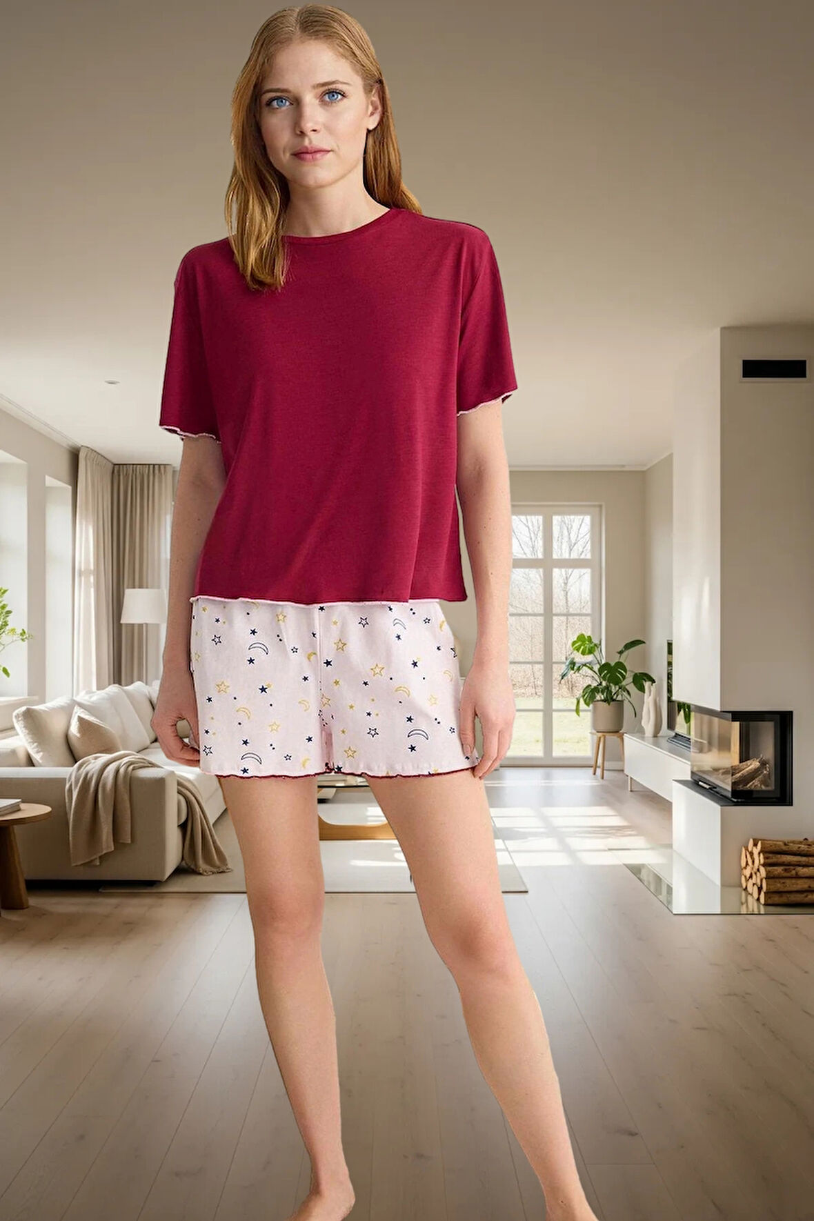 Rahatlığıyla Büyüleyecek Pijama Takımı Galaksi Desenli Pamuk Polyester Rahat Ve Şık