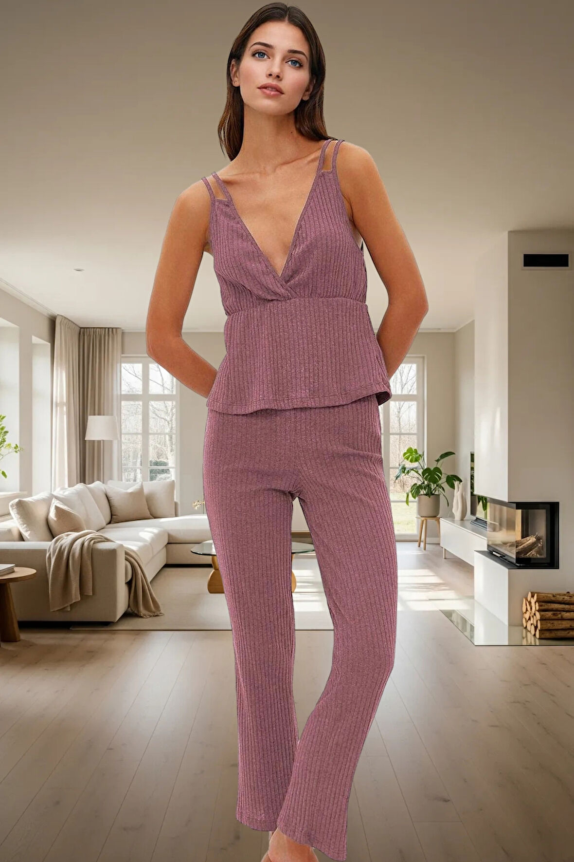 Rahat ve Şık Pijama Takımı Pamuklu Örme Kumaş İnce Askılı Atlet Boru Paça Pantolon