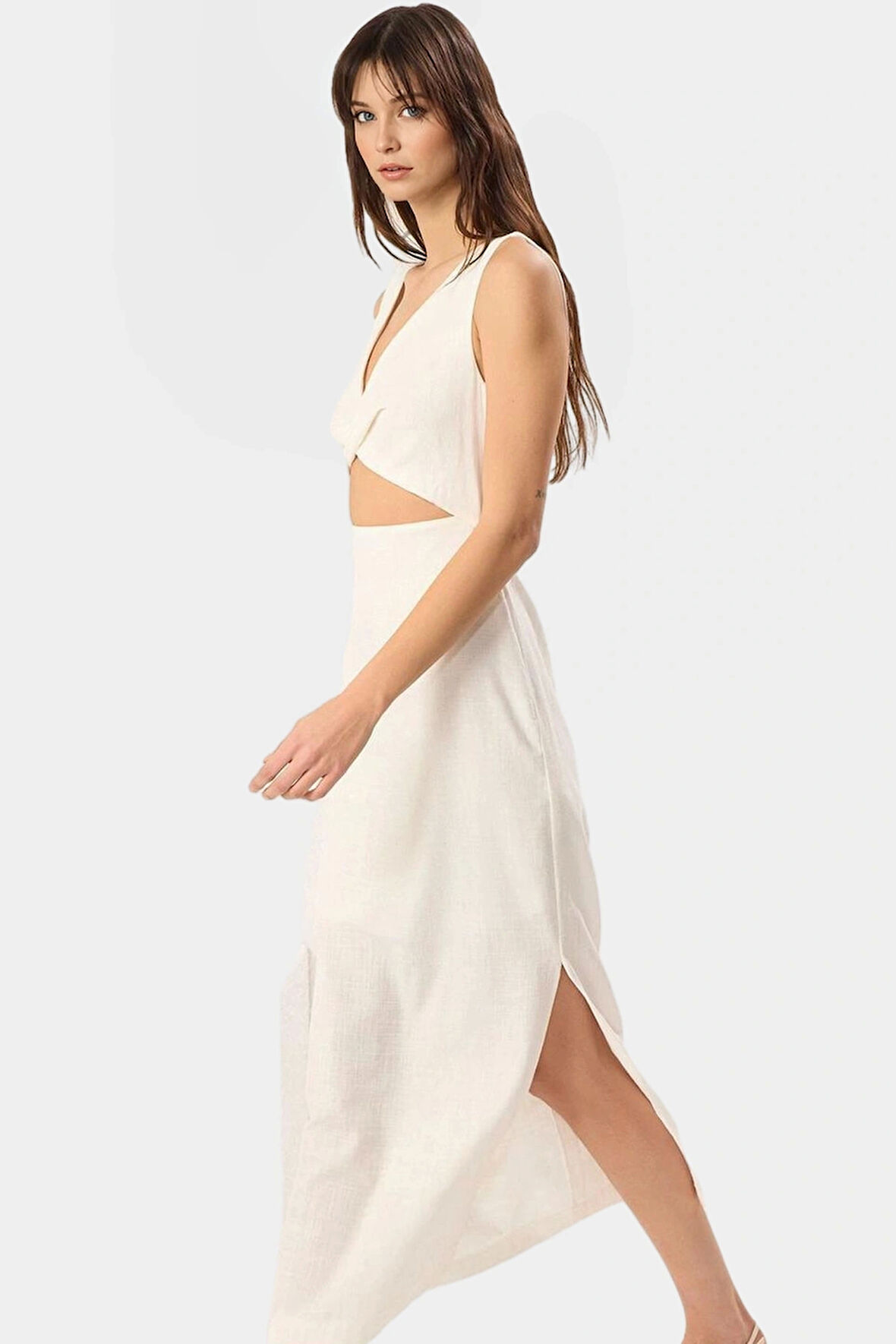 Rahat Yazlık Dokuma Elbise A Kesim Cut Out Detaylı Bisiklet Yaka Profesyonel Görünüm Modern Stil