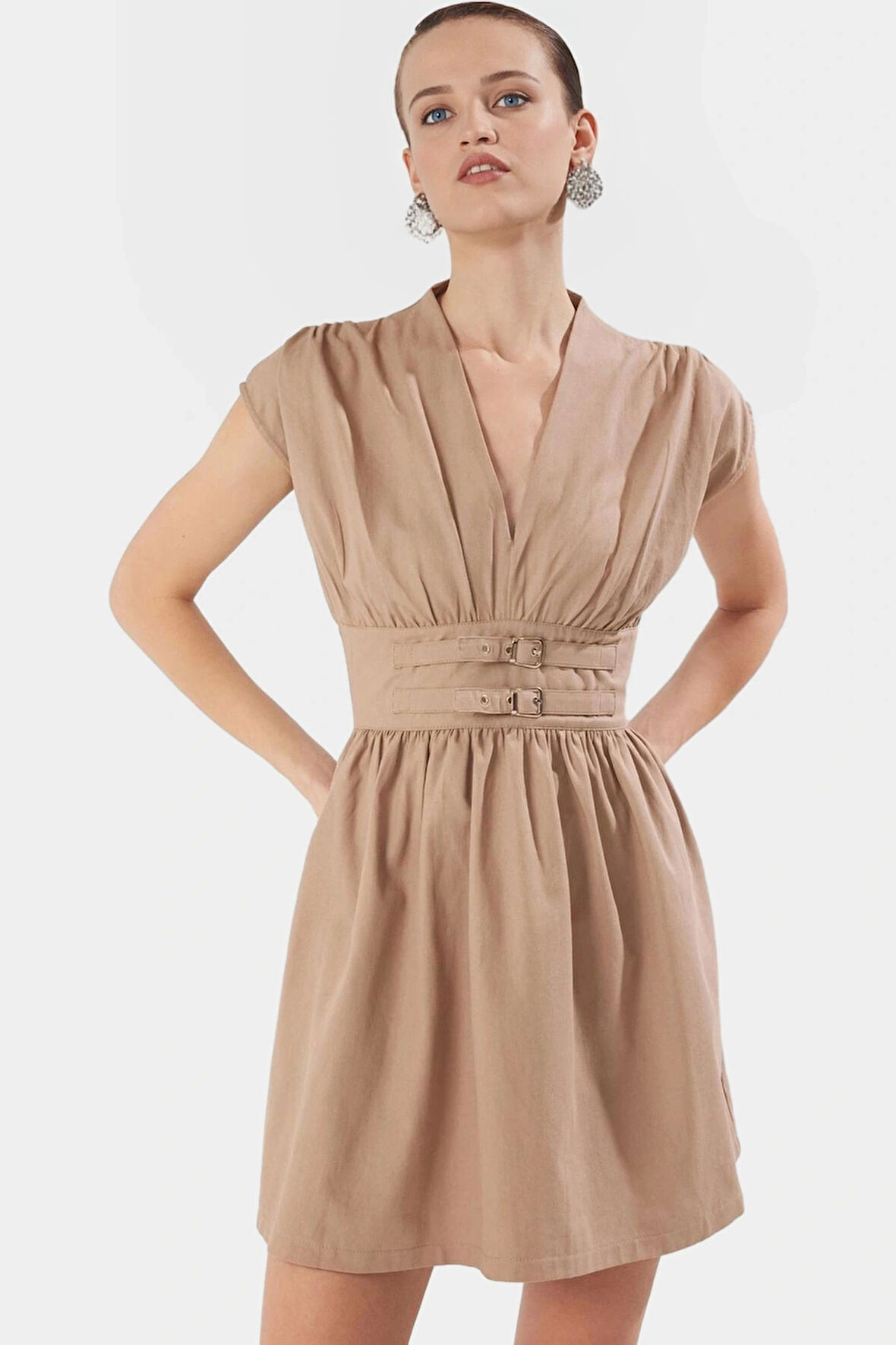 A Kesim Mini Elbise Kemer Detayı V Yaka Pamuk Polyester Dokuma Gabardin Yazlık Özel Tasarım