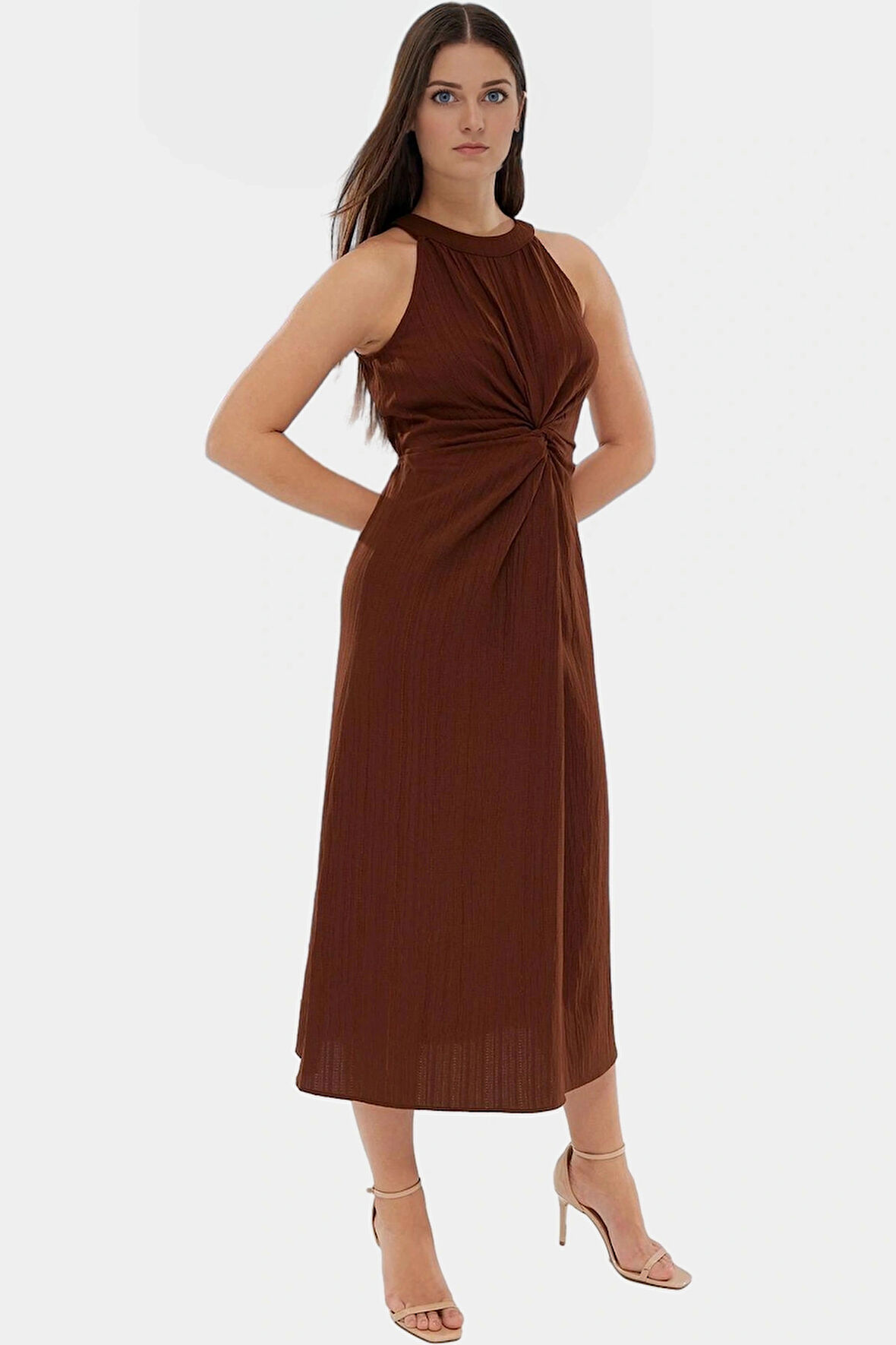 Rahat A Line Crinkle Dokuma Maxi Elbise  Polyester Halter Yaka Kaliteli İşçilik Trend Tasarım
