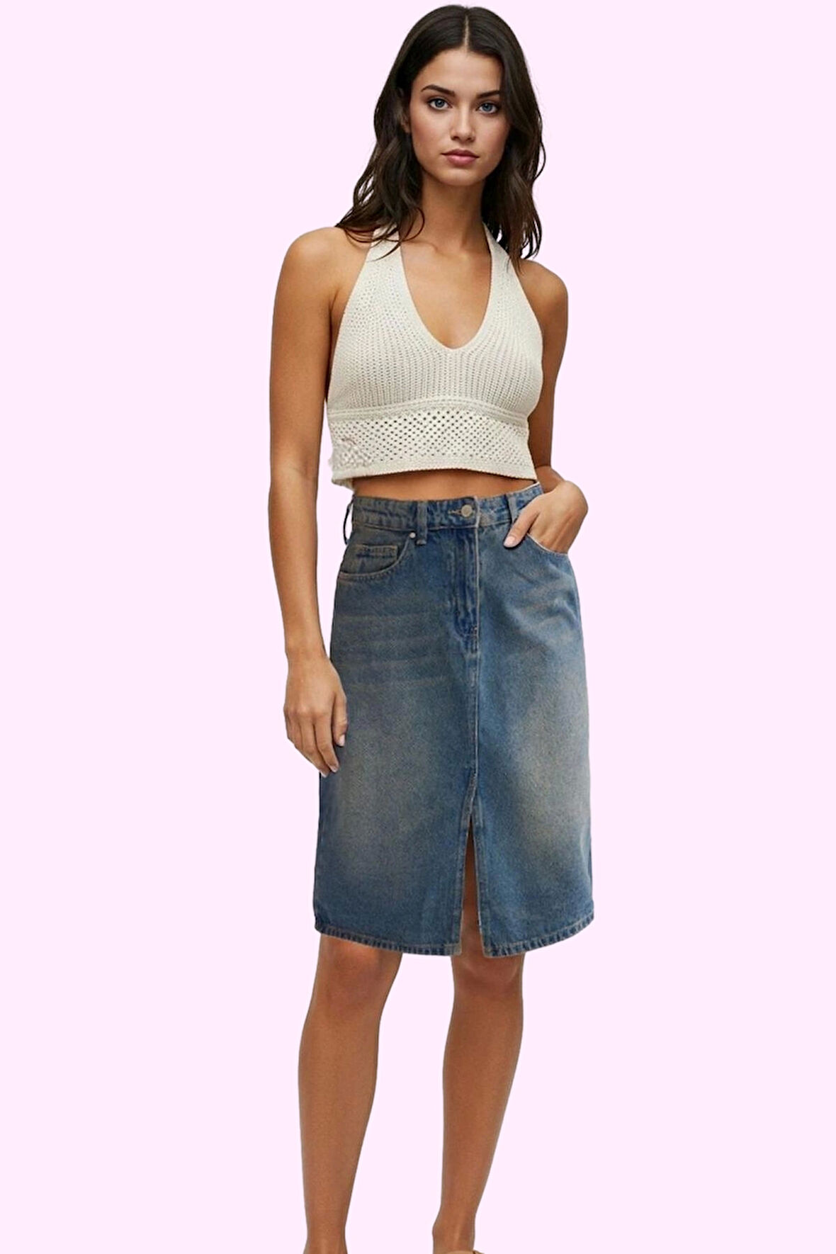 Kadın Pamuklu Denim Midi Etek; Günlük Şıklık İçin Rahat Kalıp Hafta Sonu Dayanıklı Malzeme