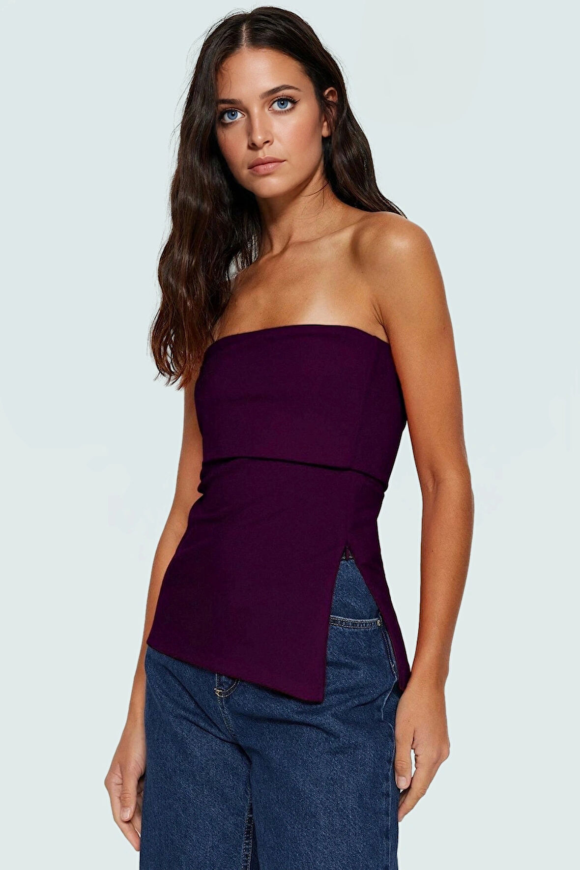 Yandan Fermuarlı Krep Örme Straplez Bluz Premium Kalite Modern Stil