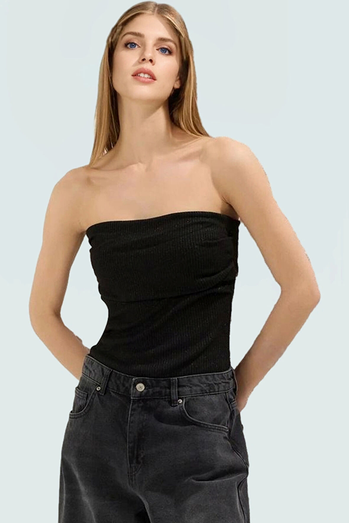 Lurexli Simli Örme Bluz Straplez Fitted Yazlık Uzun Ömürlü Dayanıklı Malzeme Zarifane Tasarım