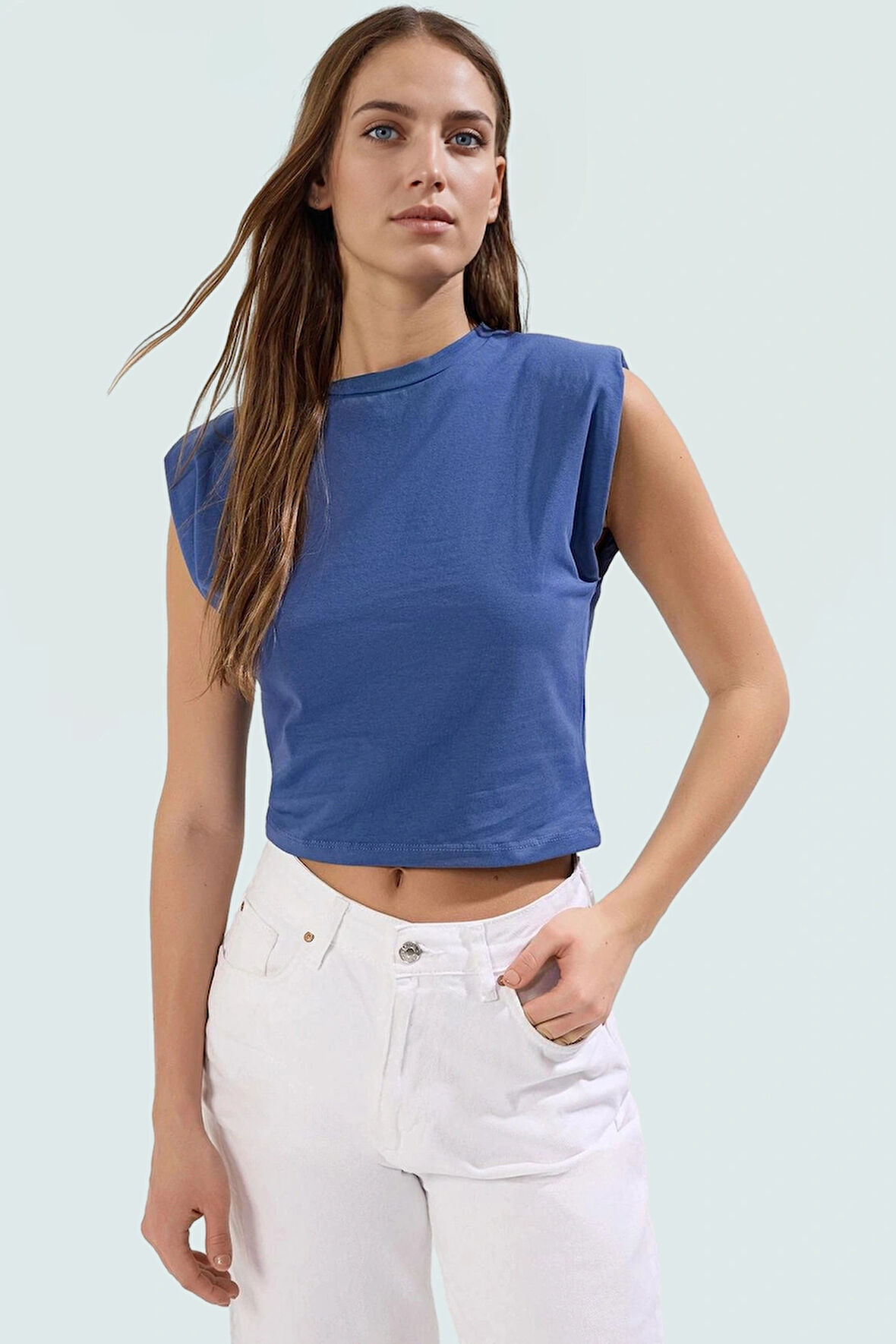 Fitted Vücut Oturan Kolsuz Örme Bluz Bisiklet Yaka Tasarım Premium Kalite Trend