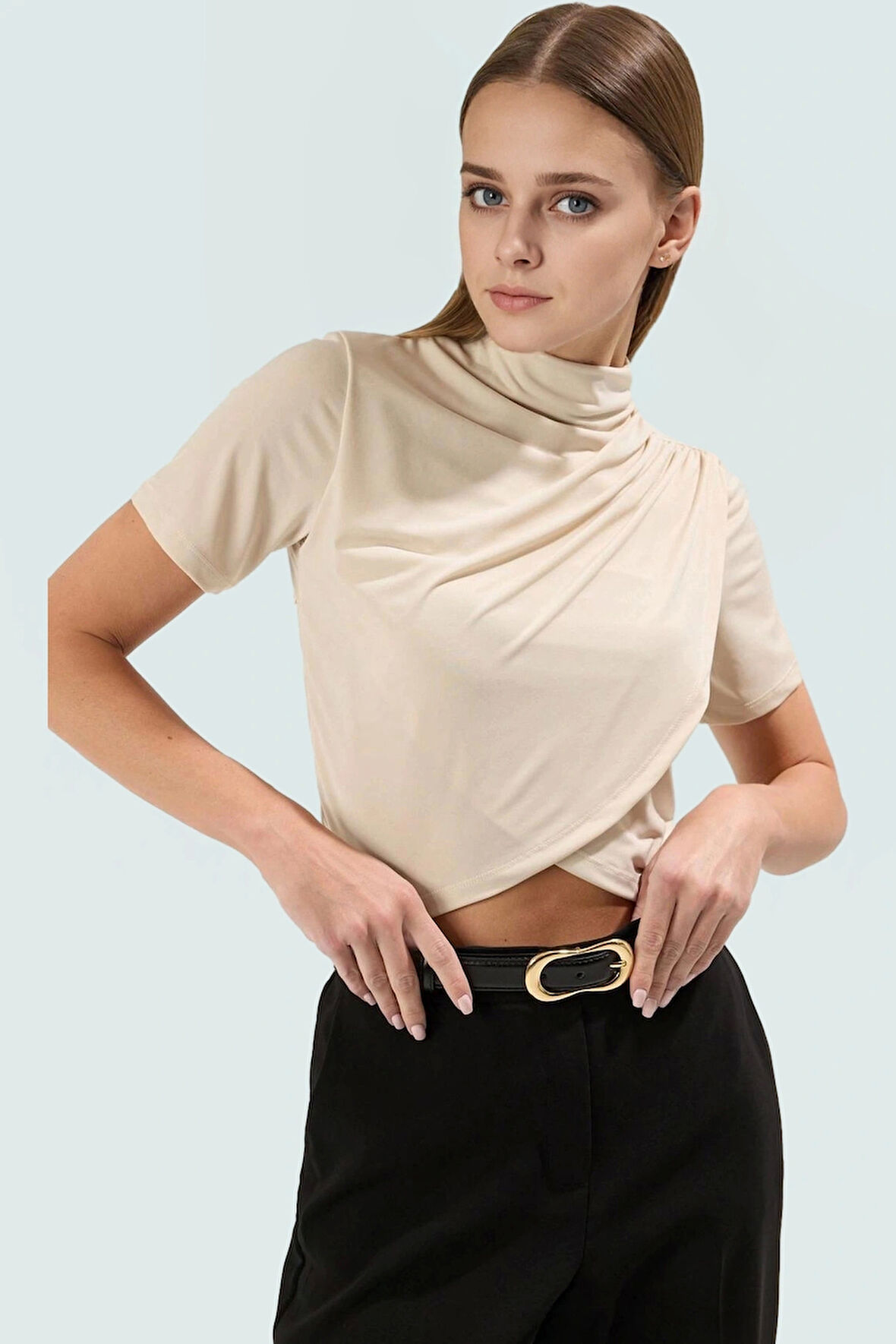 Şık Dik Yaka Crop Bluz Örme Kumaş Kruvaze Yazlık Modern Stil Rahat Ve Özel Tasarım