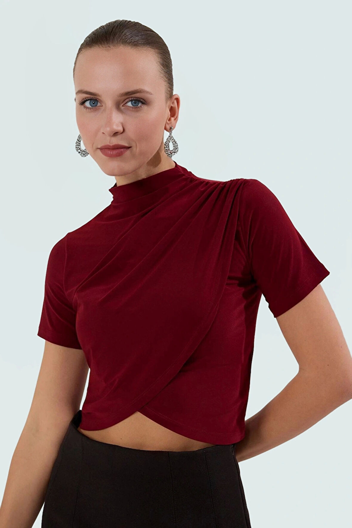 Şık Dik Yaka Crop Bluz Örme Kumaş Kruvaze Yazlık Modern Stil Rahat Ve Özel Tasarım