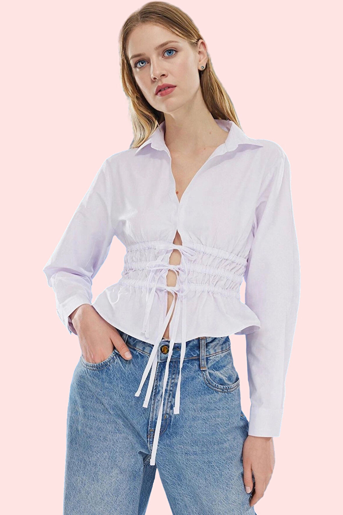 Kadın Bağcıklı Bel Detaylı Gömlek Uzun Kollu Rahat Günlük Hafta Sonu Yaz Aylarının Vazgeçilmezi