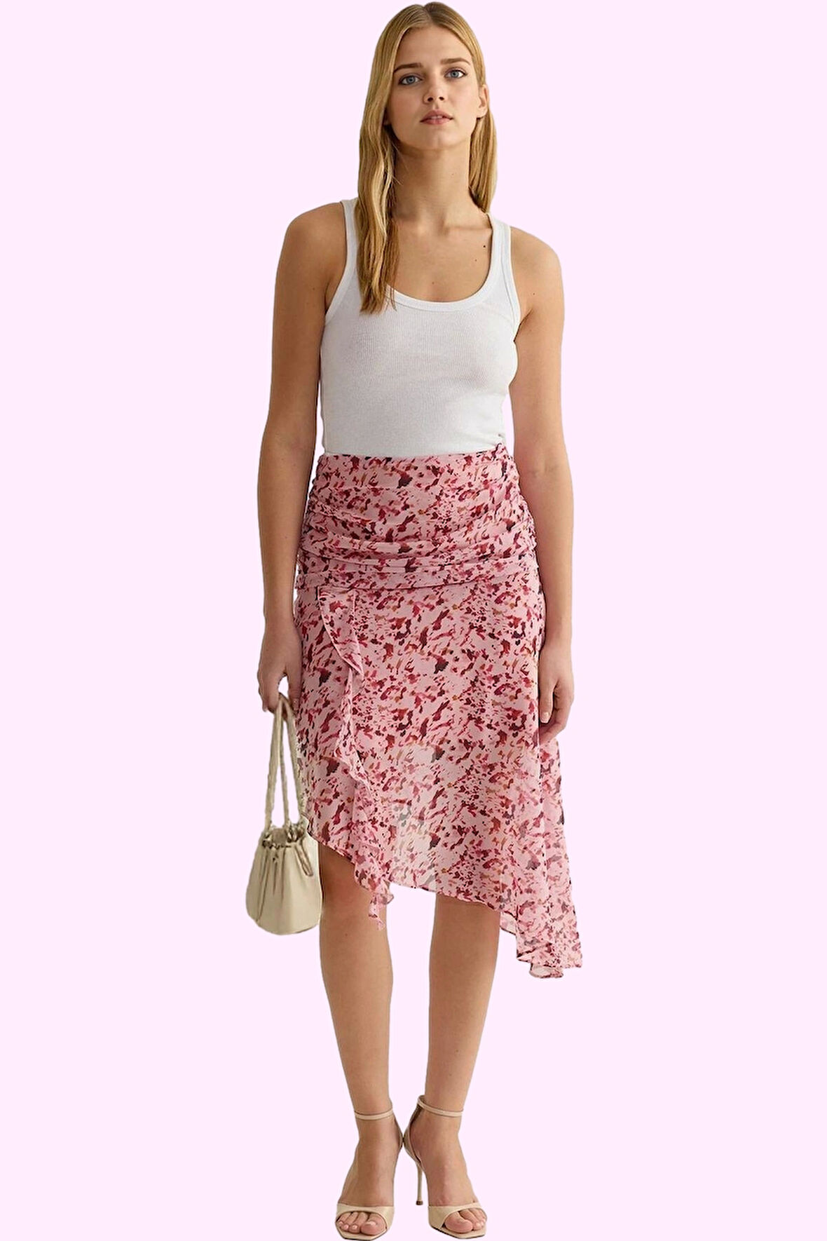 Kadın Şifon Midi Etek Çiçekli Desen Asimetrik Kesim Günlük Yaz Hafta Sonu Kaliteli Malzeme