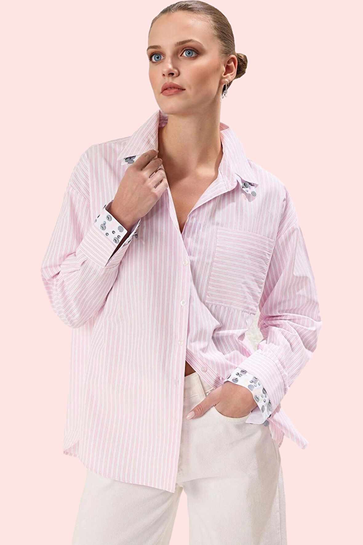 Kadın Pamuklu Çizgili Oversize Gömlek; Rahat Kesim Uzun Kollu Günlük Stil Kaliteli Malzeme