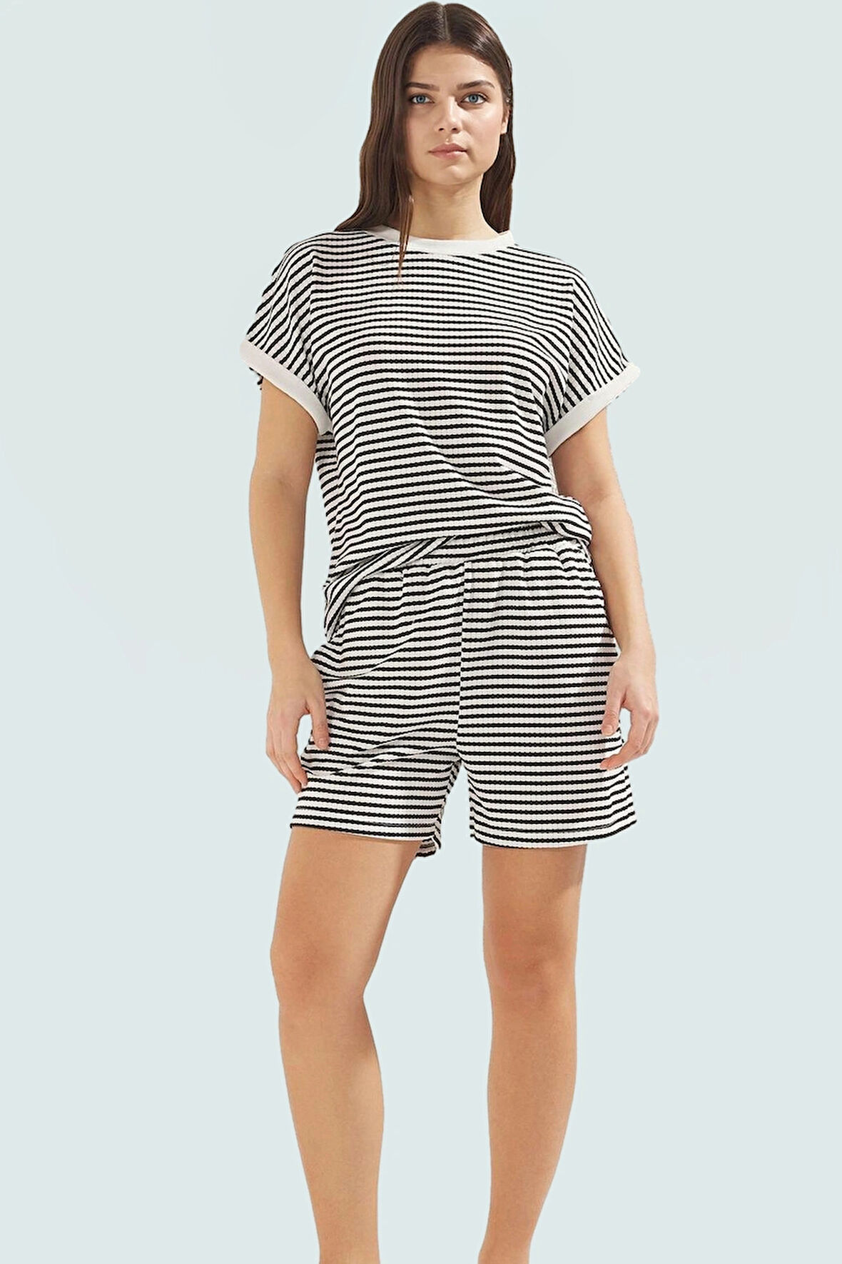 Rahat Örme Alt Üst Takım; Polyester Viskoz Elastan; Çizgili Desen; Kısa Boy Premium Kalite