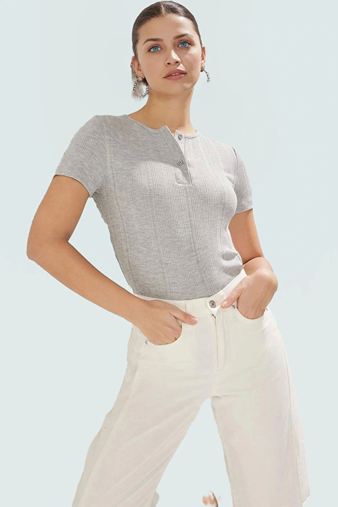 Rahat Örme Bluz Polyester Elastan Karışımı Fitted Kalıp Kısa Kol Kullanım