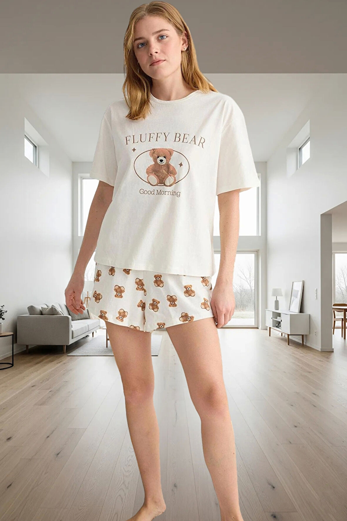 Rahat ve Şık Ayıcıklı Yazlık Pijama Takımı %100 Pamuk Dayanıklı Malzeme Mükemmel Uyum