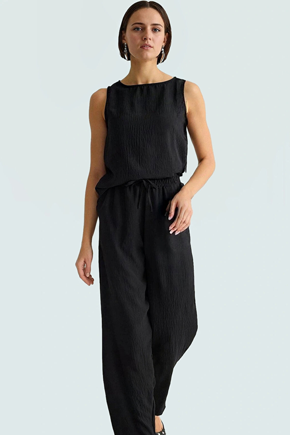 Şık ve Rahat Yazlık Bluz Pantolon Takım Keten Dokuma Yüksek Bel Kullanım Uzun Ömürlü