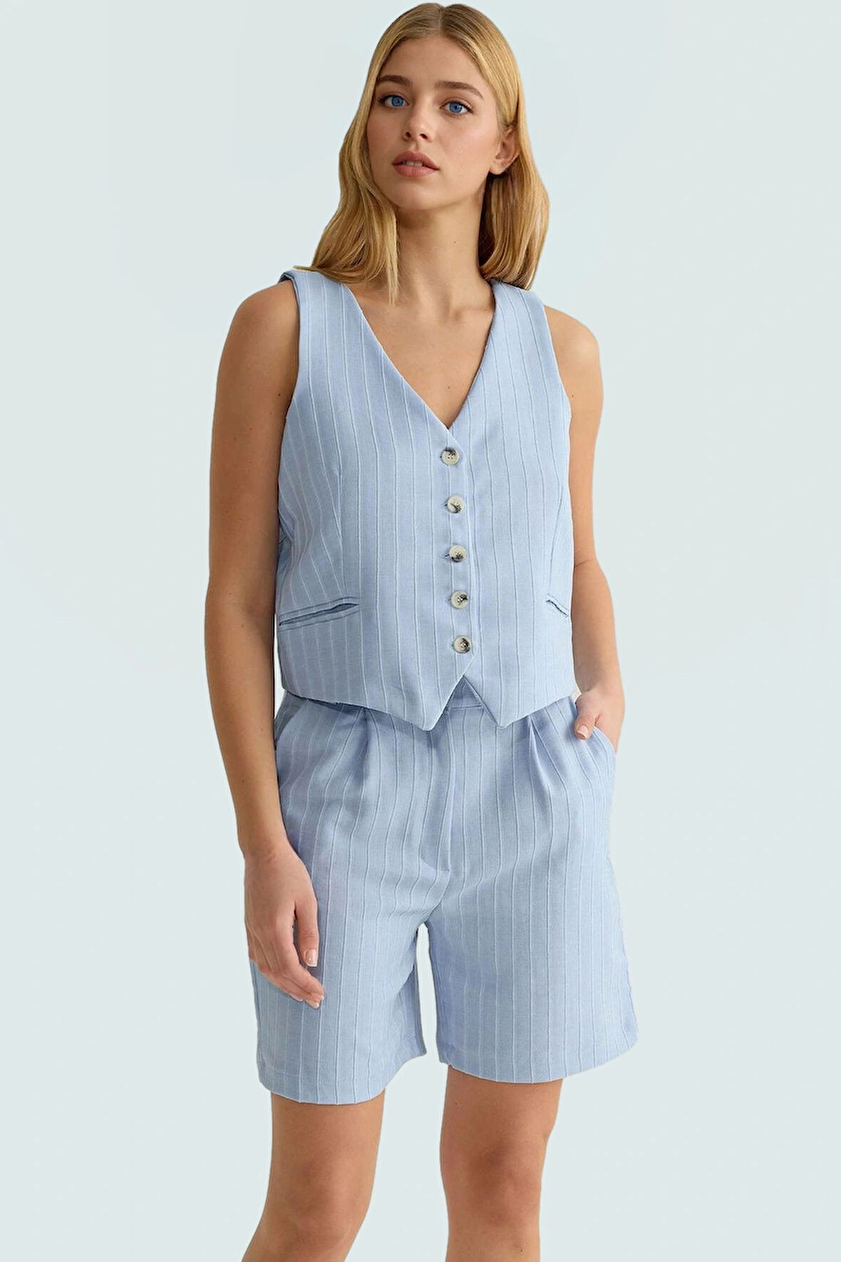 Şık Viskon Süprem Dokuma Yelek Şort Takım Yüksek Bel Yazlık Görünüm Rahat Ve