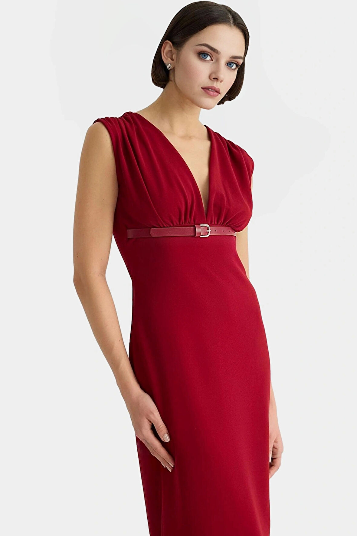 Bodycon Midi Elbise V Yaka Kemerli Scuba Krep Polyester Günlük Uzun Ömürlü Modern Stil