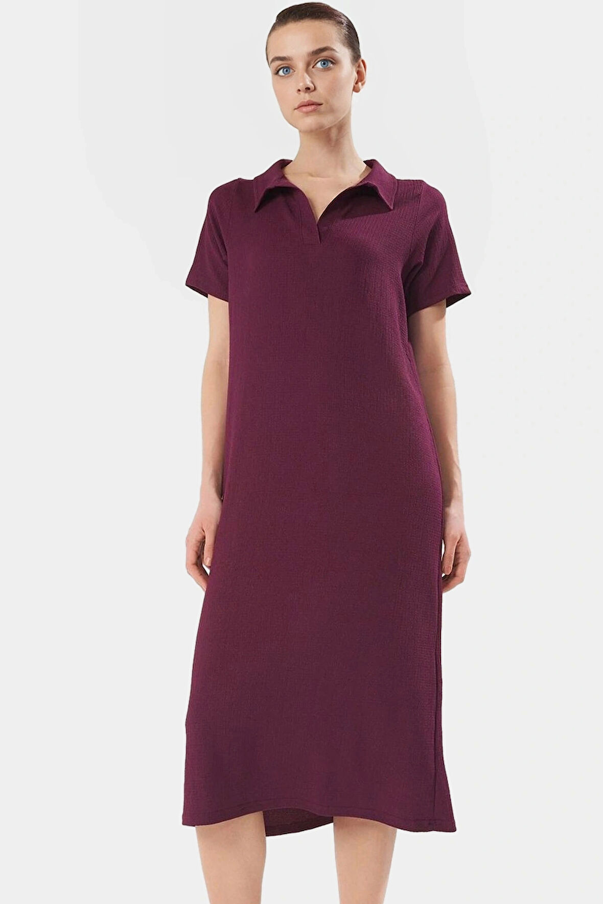 Rahat Kalıp Örme Midi Elbise Yazlık Polyester Kumaş Polo Yaka Kısa Kol Premium Kalite