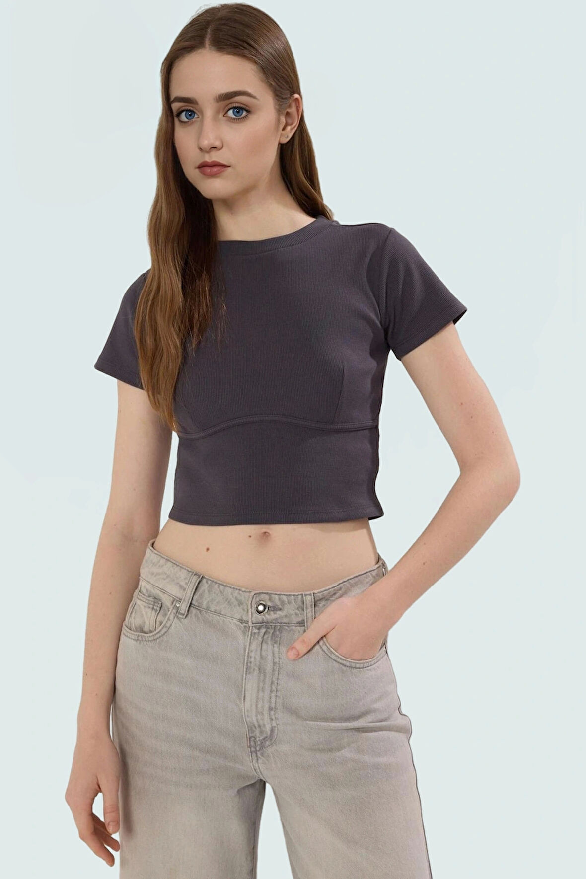 Rahat Pamuklu Kaşkorse Crop Bluz Bisiklet Yaka Kısa Kol Yazlık Ve Şık