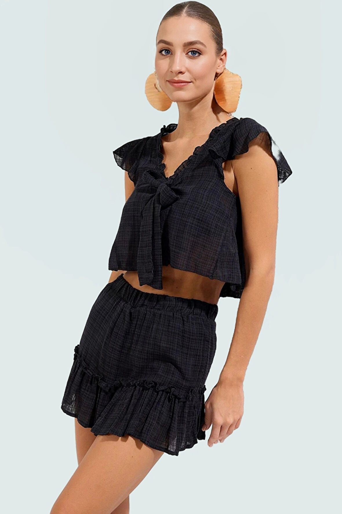 Pamuklu Viskoz Örme Bluz Etek Takım Dik Yaka Reglan Kol Yazlık Plaj Rahat Kullanım Dayanıklı Malzeme