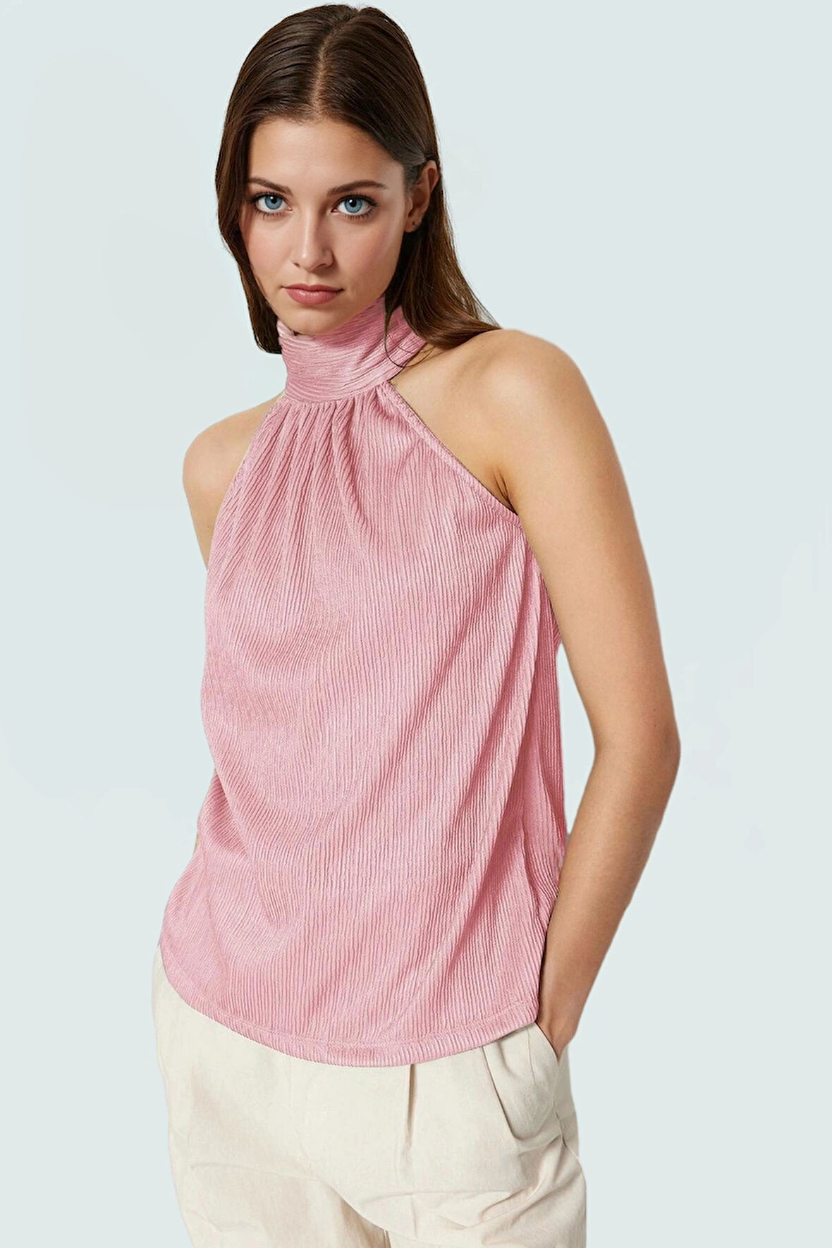 Kadın Yazlık Bluz Halter Yaka Pilise Dokuma Regular Kalıp Polyester Kumaş