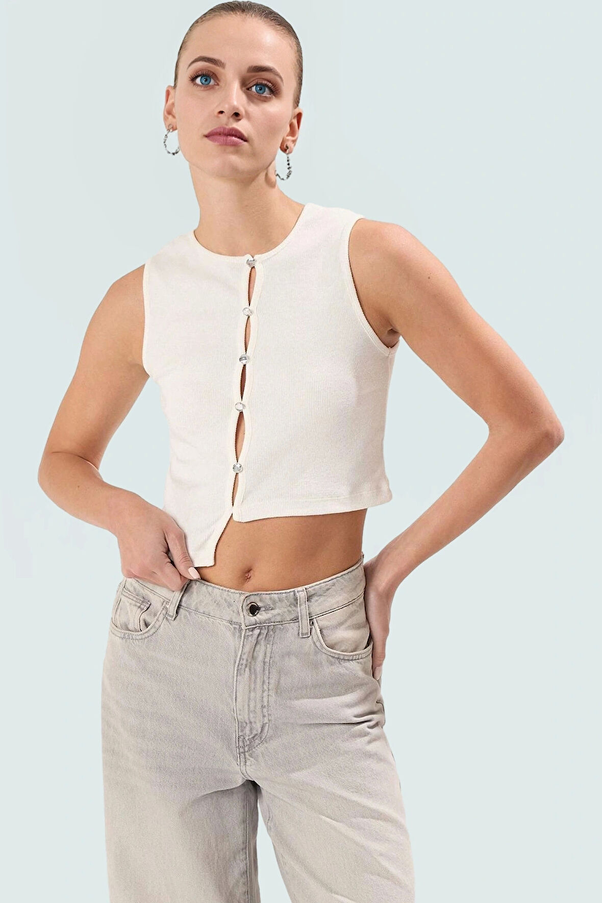 Asimetrik Crop Bluz Pamuklu Örme Fitted Bisiklet Yaka Rahat Ve Şık Kullanım