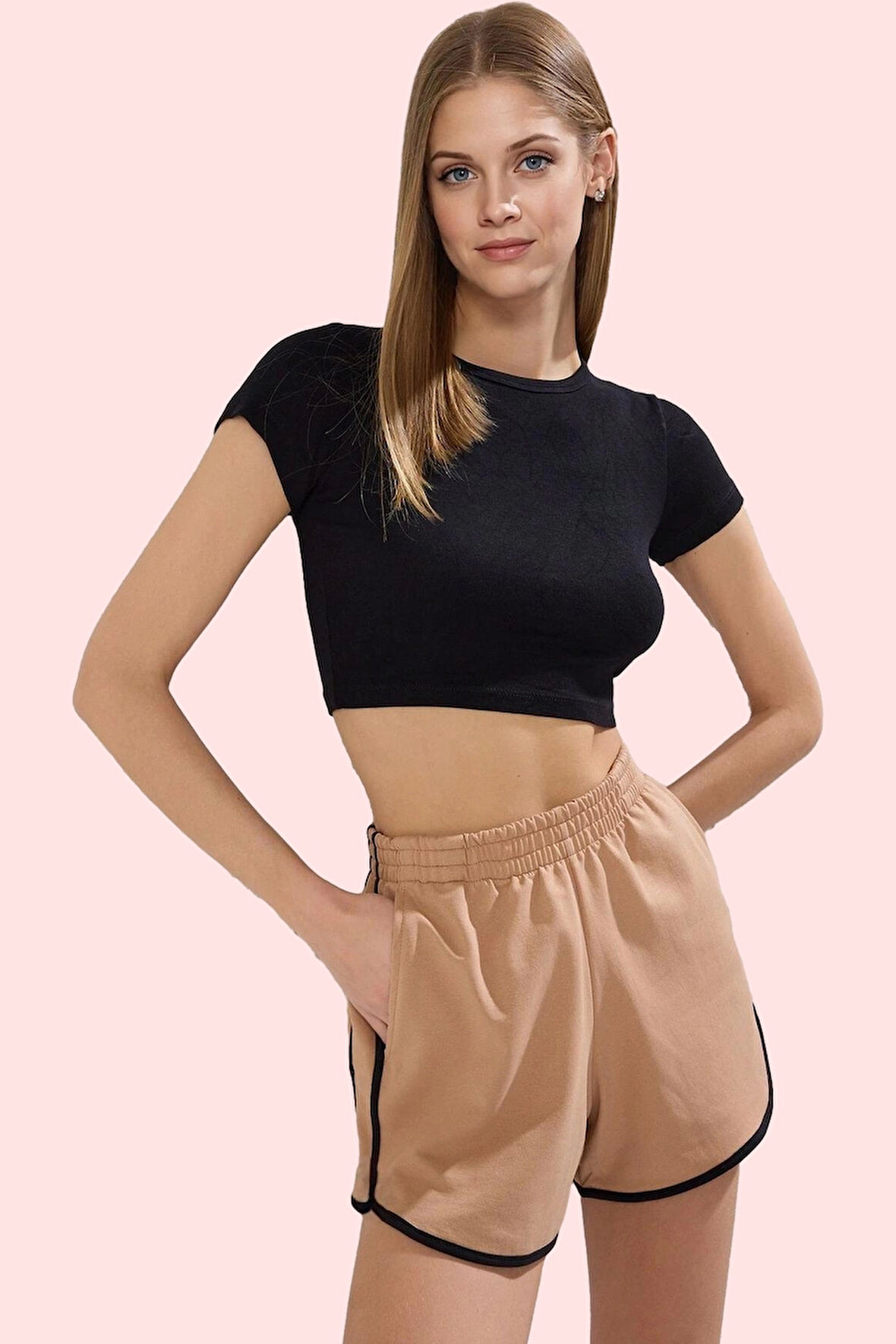 Kadın Mini Şort Yüksek Bel Lastikli Örme Kumaş Günlük ve Spor Hafta Sonu Dayanıklı Malzeme