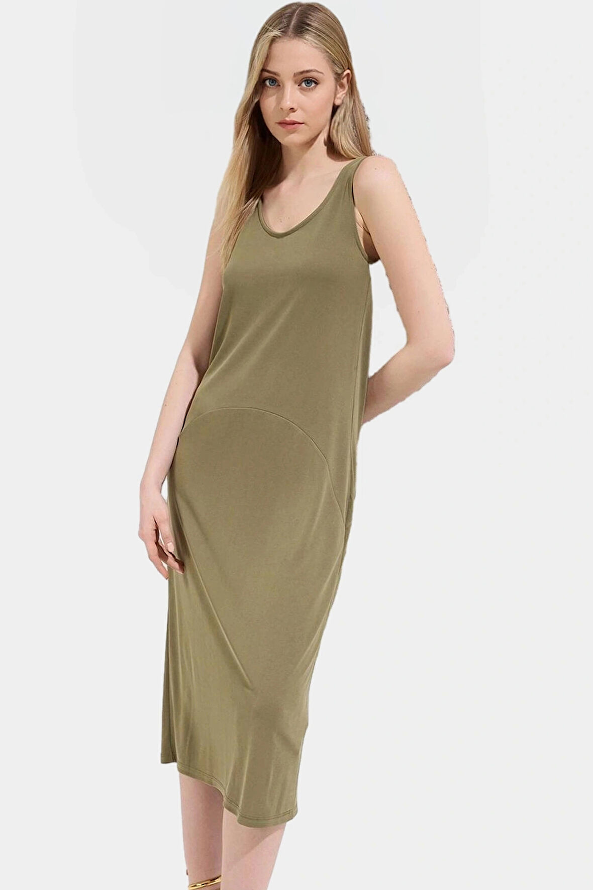 Rahat Modal Elbise Havuz Yaka Midi Boy Örme Kumaş Günlük Kullanım Mükemmel Uyum Modern Stil