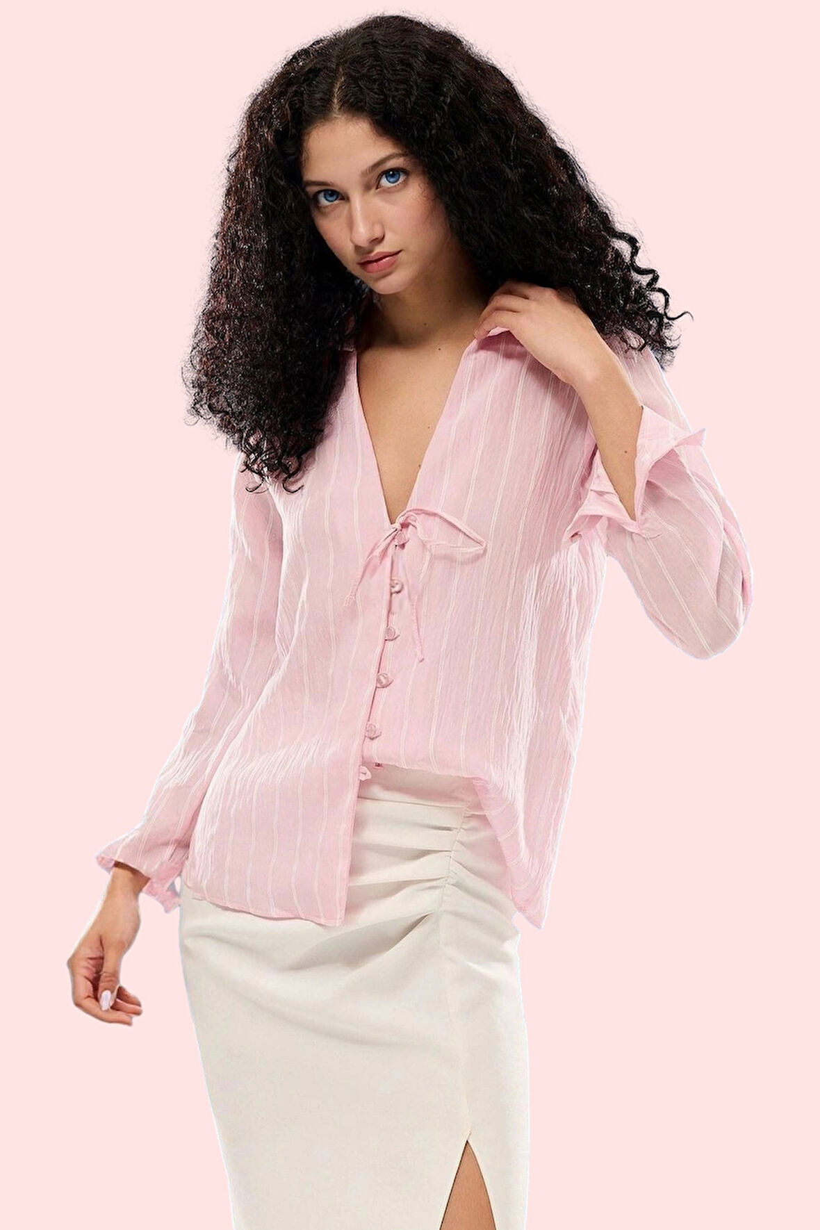 Kadın Basic Gömlek Yaka Çizgili Uzun Kollu Lilyum Dokuma Bluz Günlük Yaz Aylarının Vazgeçilmezi